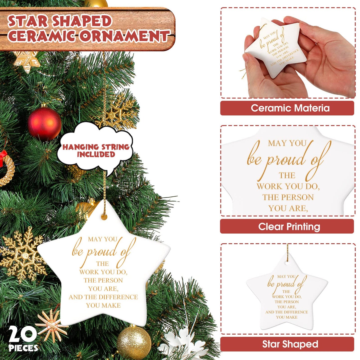 Sieral 20 Pieces Christmas Appreciation Gift for Employee Women Star Shaped Ornaments Thanksgiving Ceramics Hanging Plaque Keepsake Christmas Tree Ornaments for Customer Service Vet Tech Week Nurse