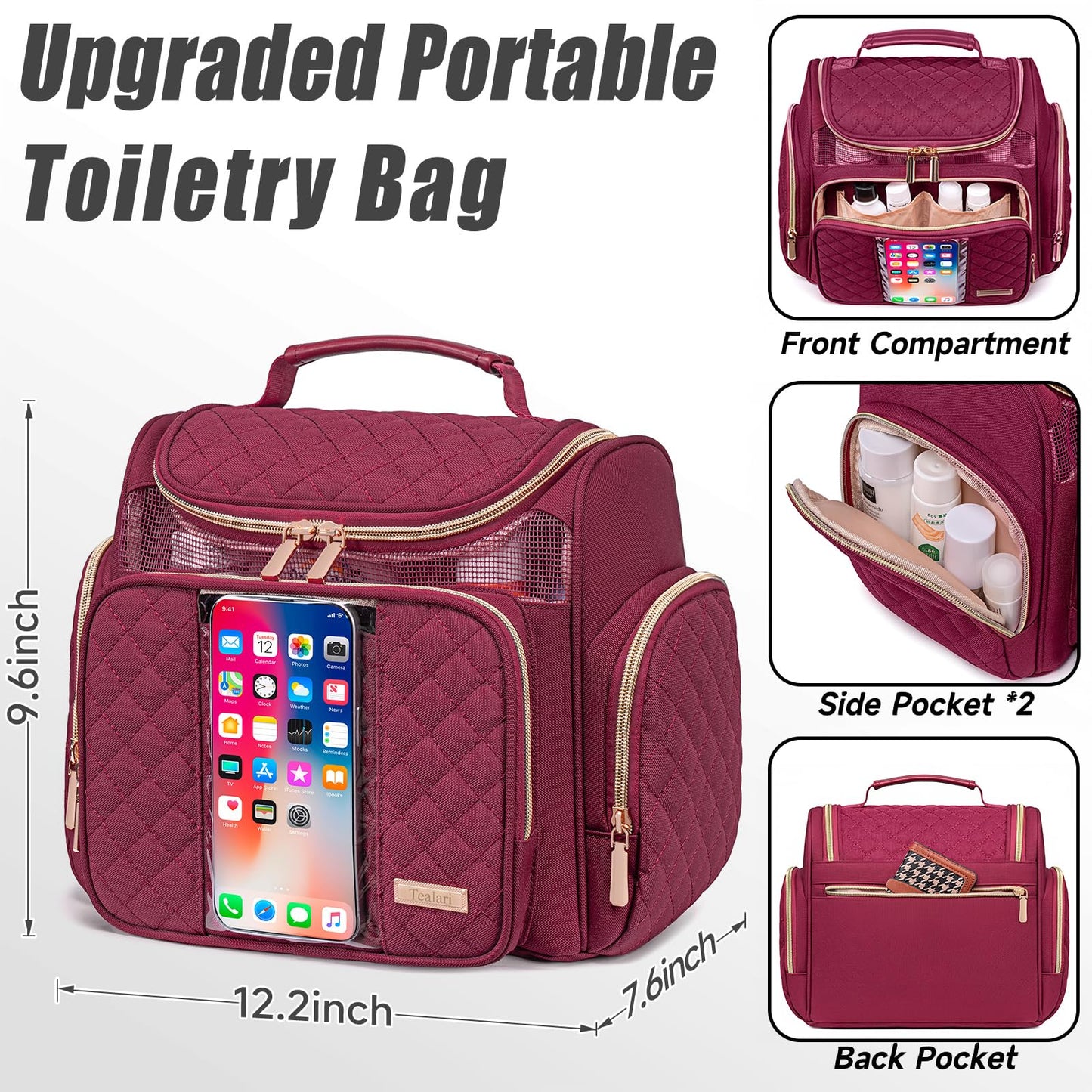 Tealari Large Toiletry Bag for Women Men,Bathroom Bag,Water Resistant Shower Bag,Makeup Bag,Portable Shower Caddy for College Dorm,Hanging Travel Toiletry Bag with Transparent Waterproof Phone Pocket