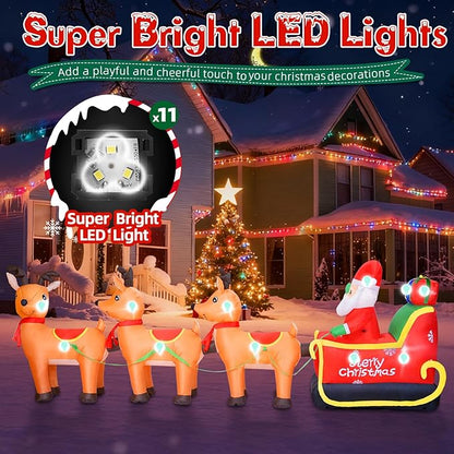 12FT Long Christmas Inflatables Outdoor Decorations, Inflatables Santa Claus on Reindeer Sleigh Built-in LED Lights, Christmas Blow Up Yard Decorations for Holiday Outdoor Garden Lawn Decor