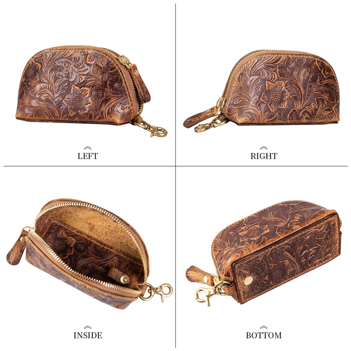 Gexmil Genuine Leather Coin Purse with Zipper, Full Grain Leather, Mini Coin Pouch for Women Men, Change Wallet,Floral Brown