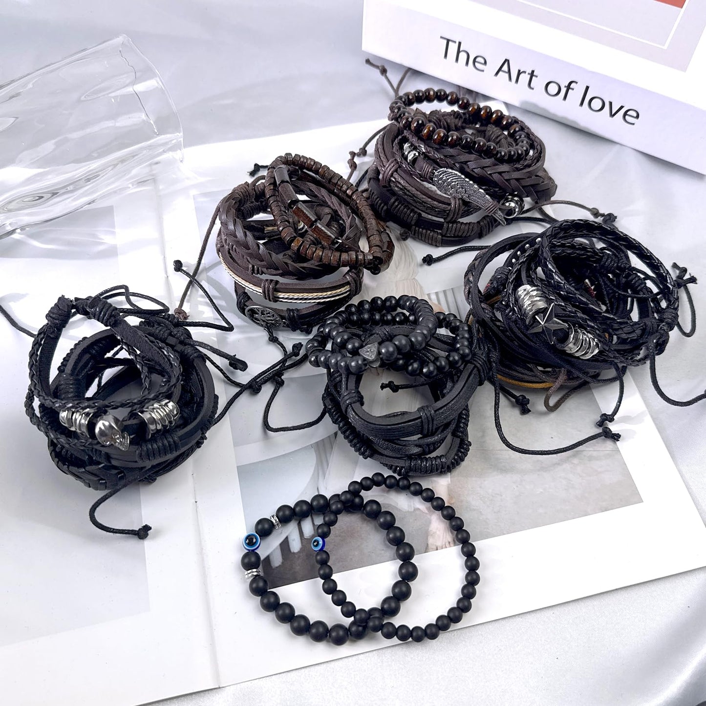 Zobnexts 31Pcs Braided Leather Bracelets for Men Women Punk Wrap Wood Beads Bracelets Adjustable Hemp Cords Ethnic Tribal Handmade Wrap Wristband Punk Gothic Evil Eye Skull Skeleton Bracelet