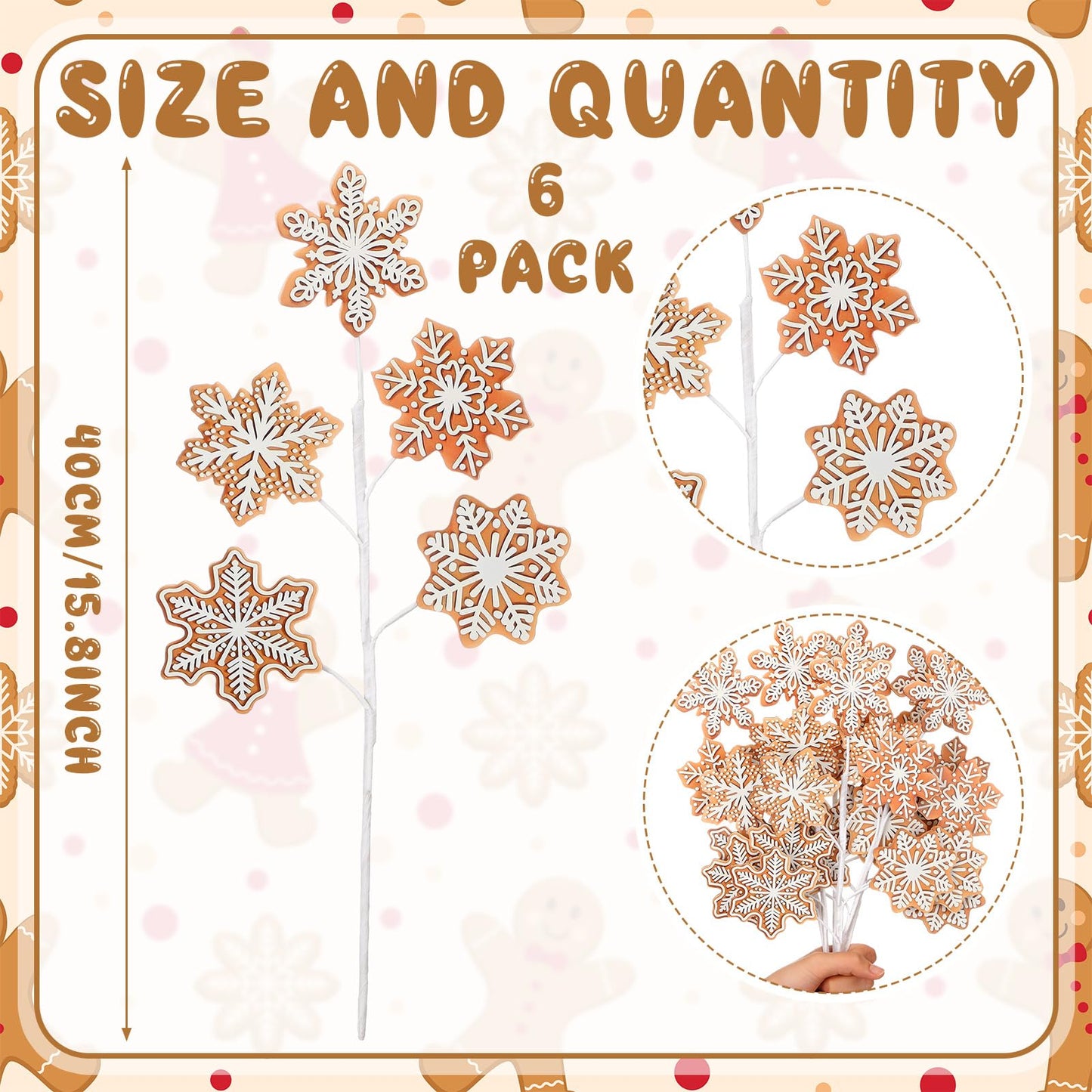 Sosation 6 Pcs 15.8 Inch Christmas Gingerbread Snowflake Picks Gingerbread Snowflake Shape Christmas Tree Sprays Xmas Wooden Ornaments Craft for Xmas Tree Decorations Home Office Vase Party Ornaments