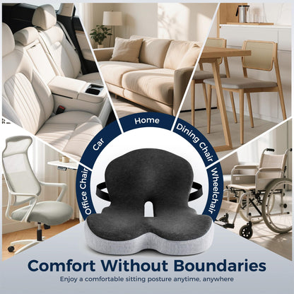 Seat Cushion, Office Chair Cushions for Tailbone Relief, Seat Cushions for Office Chair with L-Shaped Ergonomic Design & Adjustable Strap, Memory Foam Chair Cushion for Long Sitting Worker(Black Gray)