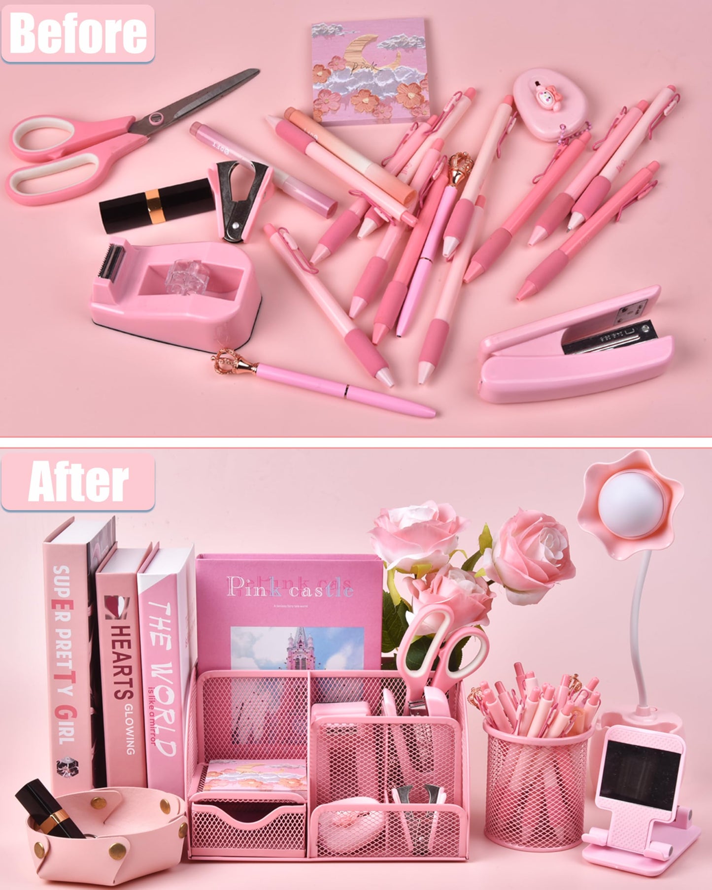 Pink Desk Accessories, 24Pcs Pink Office Supplies and Desk Organizers, with Tape Dispenser, Stapler, Staple Remover, Ect, Gift Box Packaging