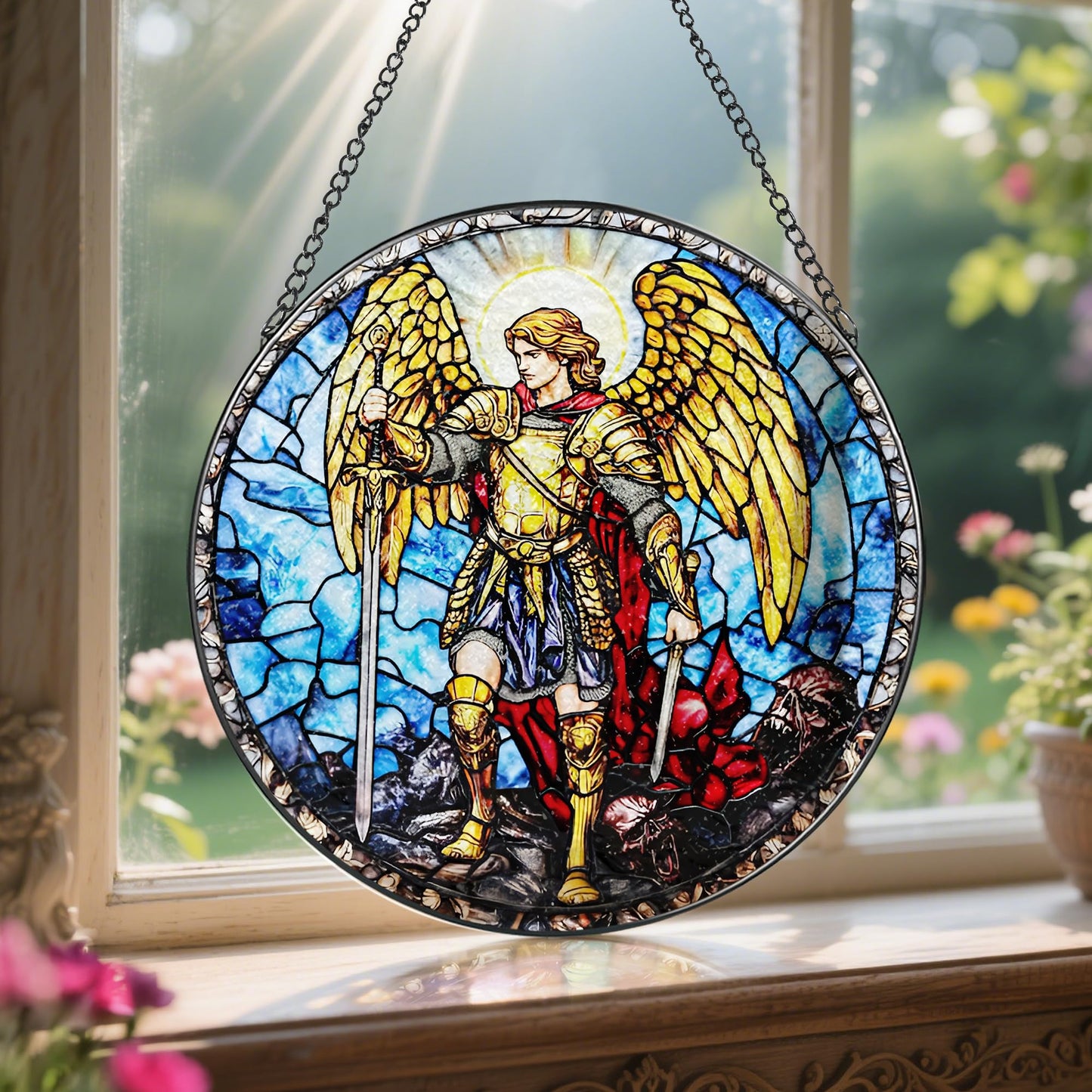 Stained Glass Suncatcher, Archangel Michael Sun Catcher Ornament; Stained Glass Window Hanging, Warrior Angel Window Decor; Christmas Home Decor, Christian Gifts, Religious Gifts