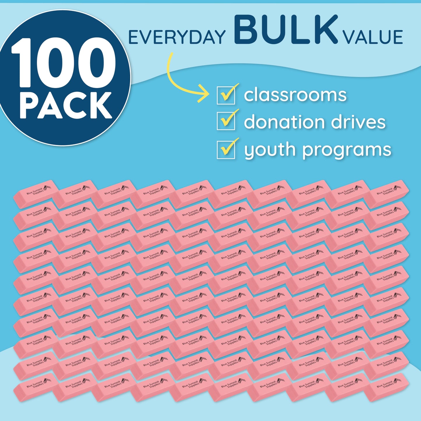 Blue Summit Supplies 100 Pack Pink Erasers Bulk, Pink Pearl Bulk Erasers for Kids, School, and Classroom