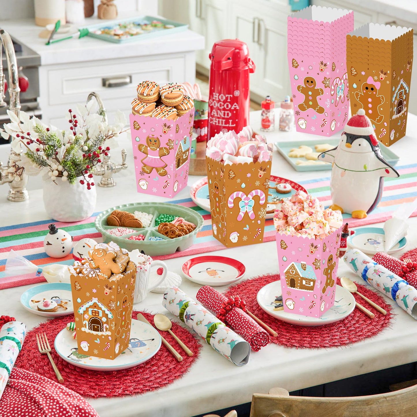 K KUMEED 24 PCS Christmas Popcorn Favor Boxes,Pink and Brown Gingerbread Man Christmas Party Supplies Cute Candy House Popcorn Bowls Popcorn Buckets Popcorn Bags Candy Cookie Container for Kids