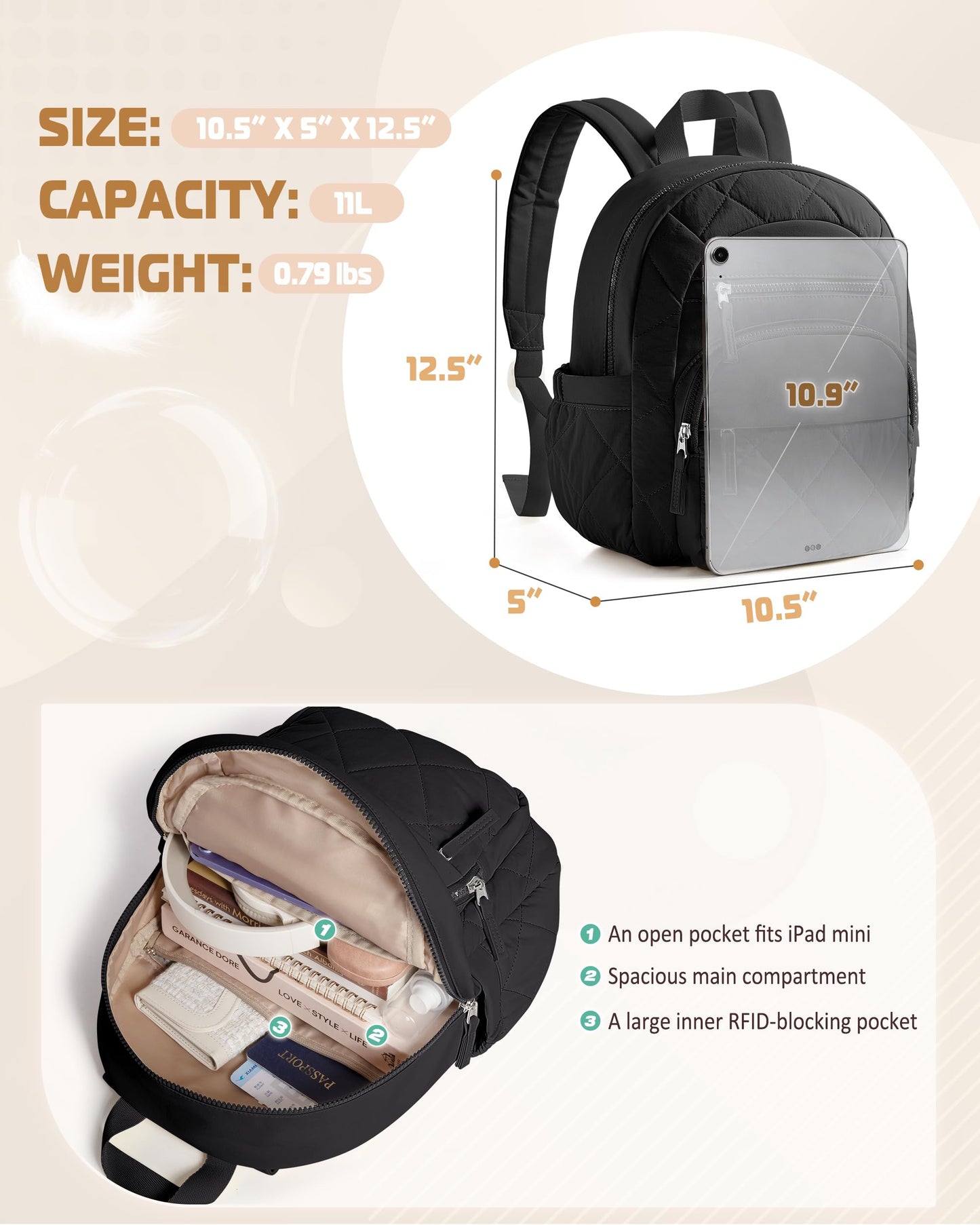 Smasrob Women Mini Backpack with RFID Blocking Pocket, Small Puffer Backpack Purse, Lightweight Quilted Backpack for Work, College or Travel, Black