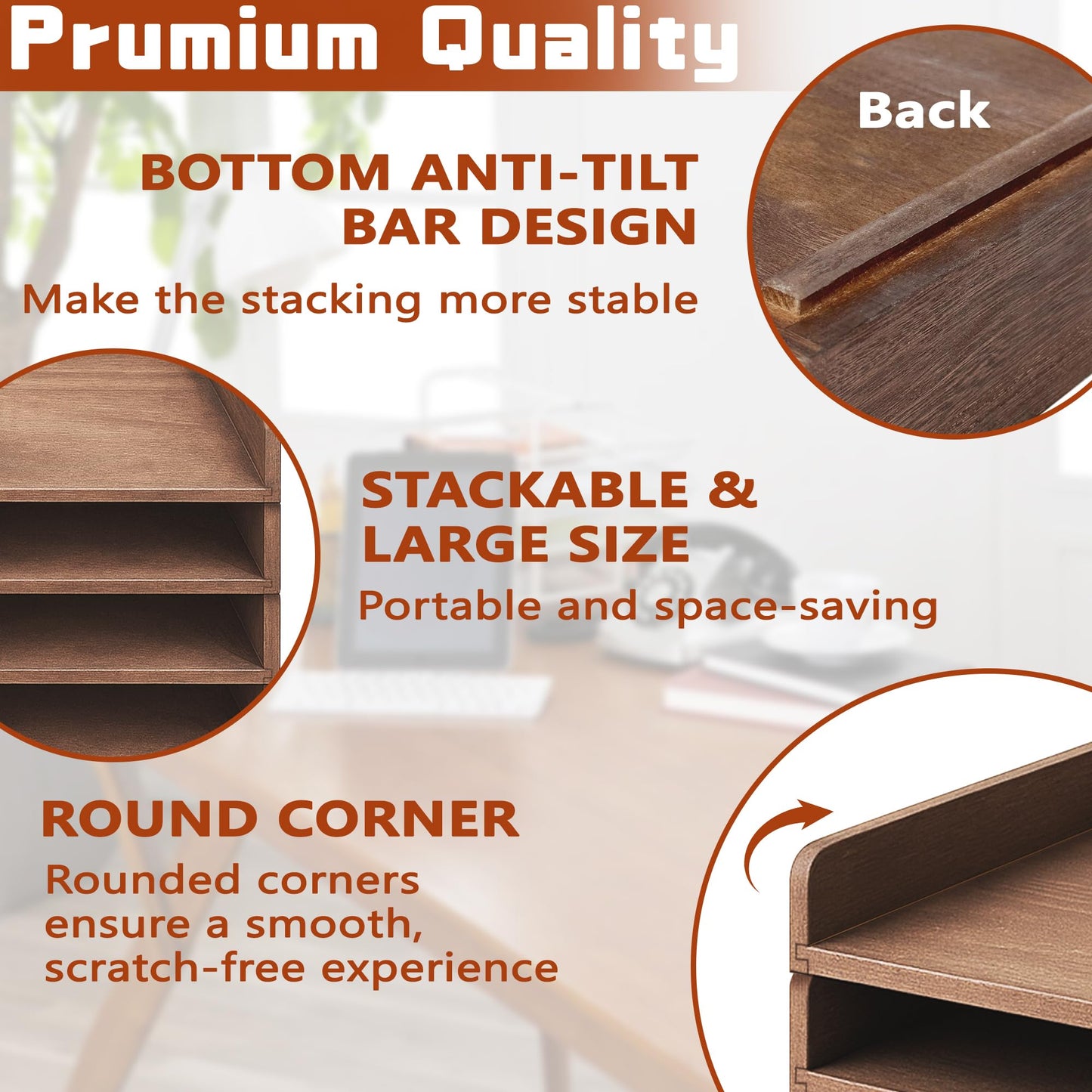 PROLEE Wooden Paper Tray Organizer for Desk,Stackable Paper Holder and Letter Tray,4-Tier Desktop File Storage Rack for Study,Home and Office(Walnut,14" x 9.5" x 2.5")
