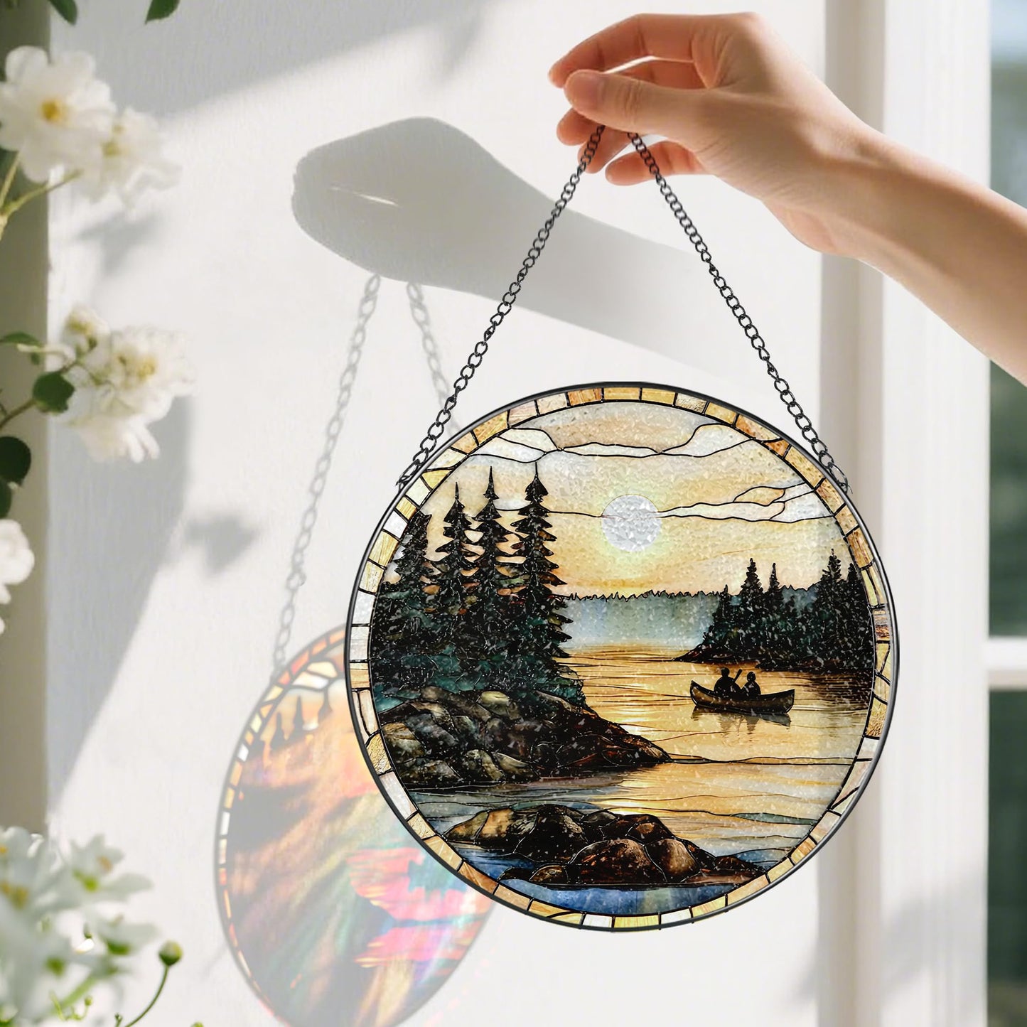 8-Inch Stained Glass Ornament, Stained Glass Window Hanging, Window Hanging Decor Suncatcher, Canoe Lake Sunset Ornament | Christmas, Mother’s Day, Birthday | Gifts for Nature Lovers, Mom & Friend