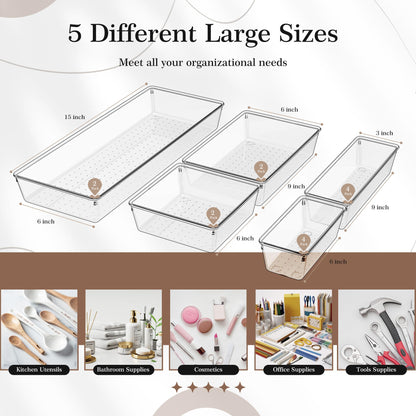 Criusia Drawer Organizer, 10 Pack Large Clear Plast Set, 3 Size Versatile Bathroom and Vanity Organizer Trays, Storage Bins for Makeup, Bedroom, Kitchen Utensils