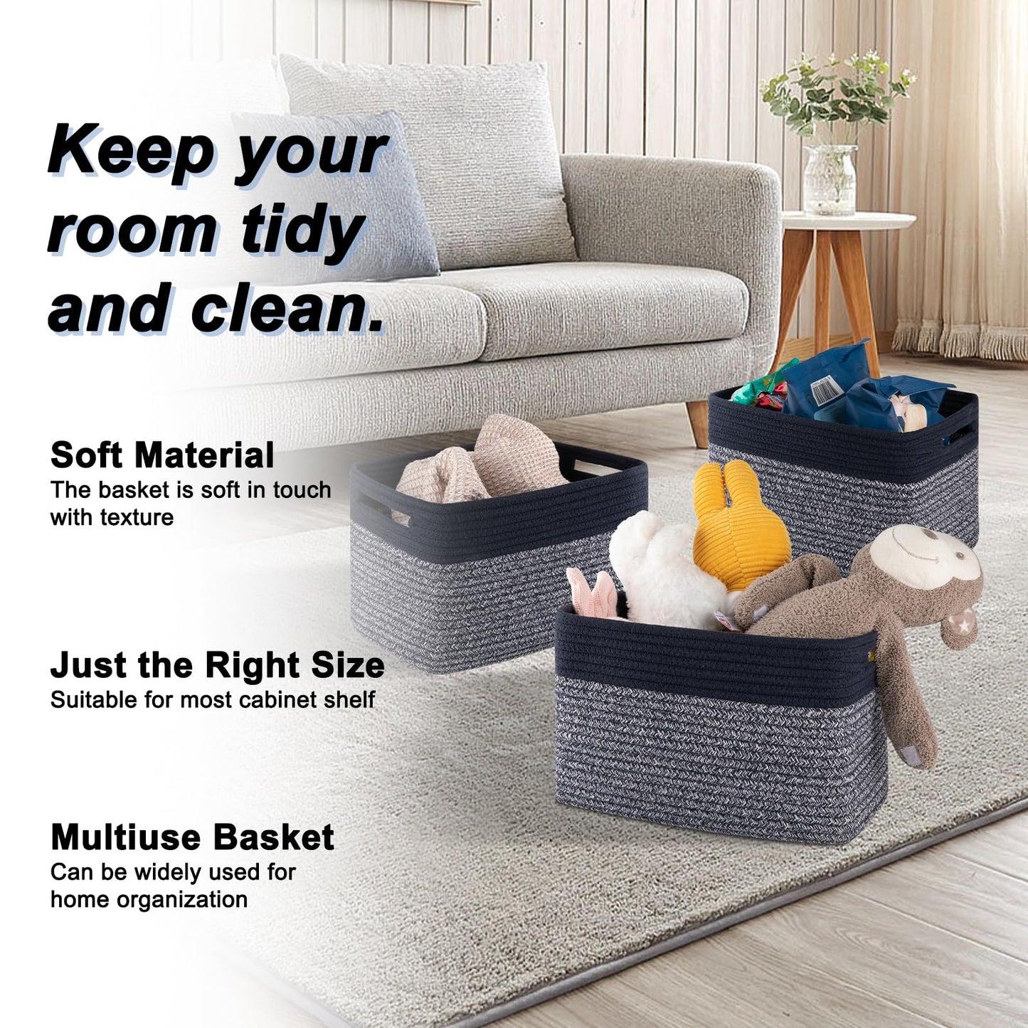 SIXDOVE 4 Pack Storage Baskets for Organizing, Woven Baskets for Shelves - Perfect for Toys, Books, Towels, and Clothes, Durable Gift Basket Bins Toy Storage, 12.7''L x9''W x7.8''H, Blue and Grey