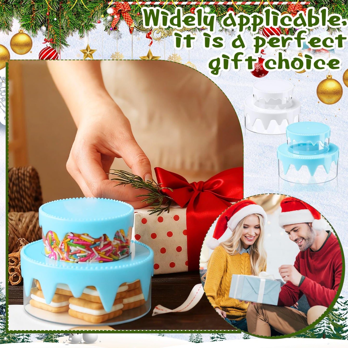 Potchen 12 Pcs Christmas Cookie Container with Lids Small Plastic Stackable Christmas Cookie Jars Xmas Snack Candy Goodie Boxes with Lid and Sticker for Holiday Gift Giving Baking Storage, Two Size