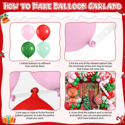 Christmas Balloon Garland Arch Kit, 115 PCS Xmas Balloon Decorations with Pink Red Green Latex Balloons Gingerbread Man Foil Balloons Candy Cane House Helium for Kids Christmas New Year Party Supplies