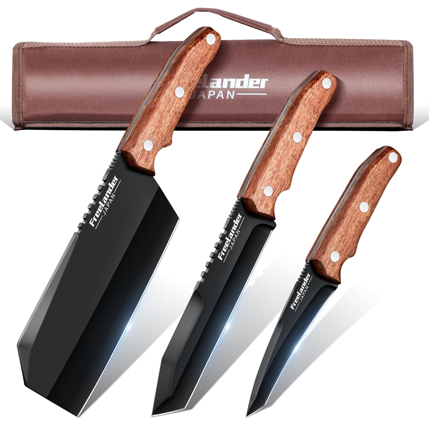 Freelander Butcher Knife Set 3 PCS, Japanese Chef Knife Set with Roll Bag, Full Tang Meat Cleaver for Kitchen & Camping & BBQ, Gift for Men