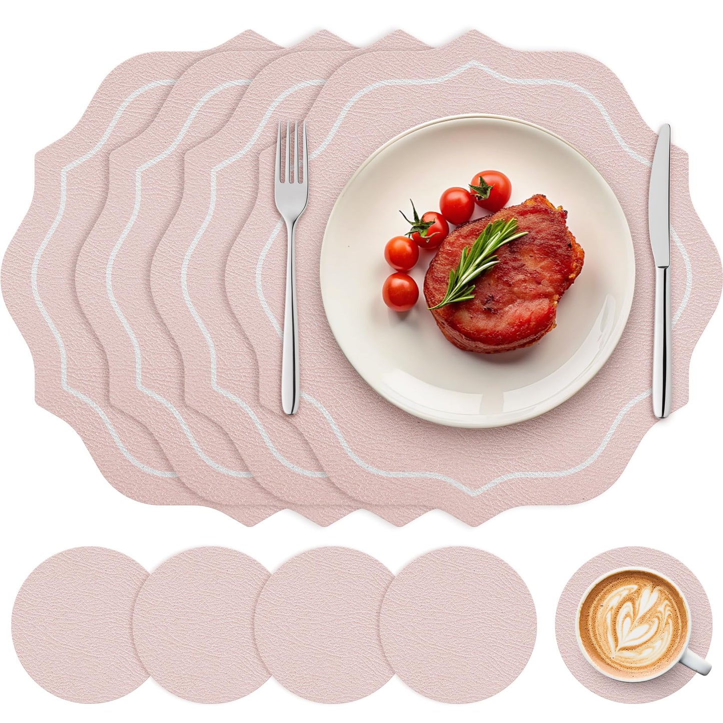 Set of 4 Spring Round Vinyl Placemats with Coasters 12" Scalloped Pink Faux Leather Placemats Waterproof Placemat Wipeable Heat Resistant for 7-10" Plates for Wedding Party Dining Table Decor