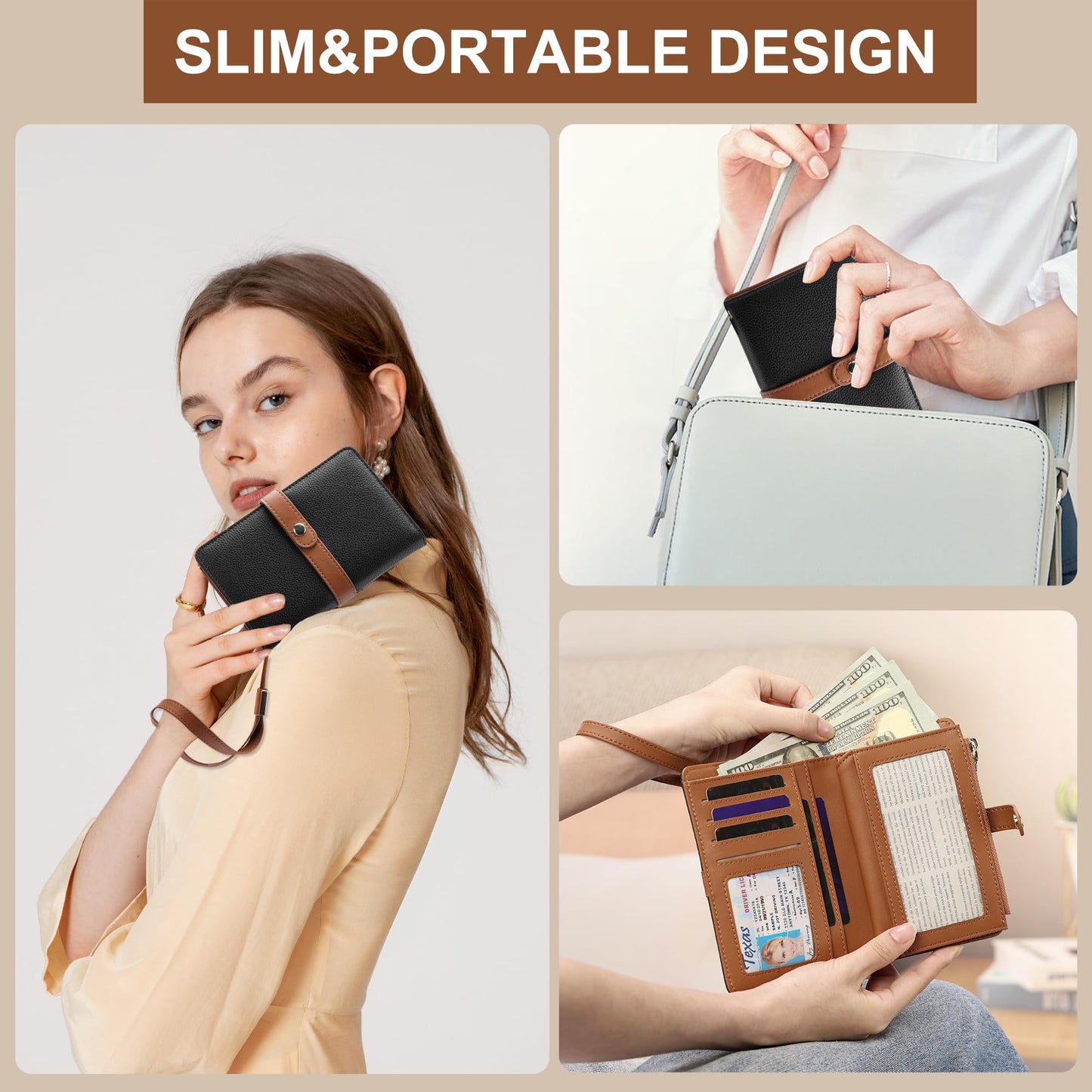 Small Wallet Women RFID Blocking Vegan Leather Slim Thin Bifold Credit Card Wallet Passport Holder Ladies Travel Wallet Mini Purse with Zipper Pocket
