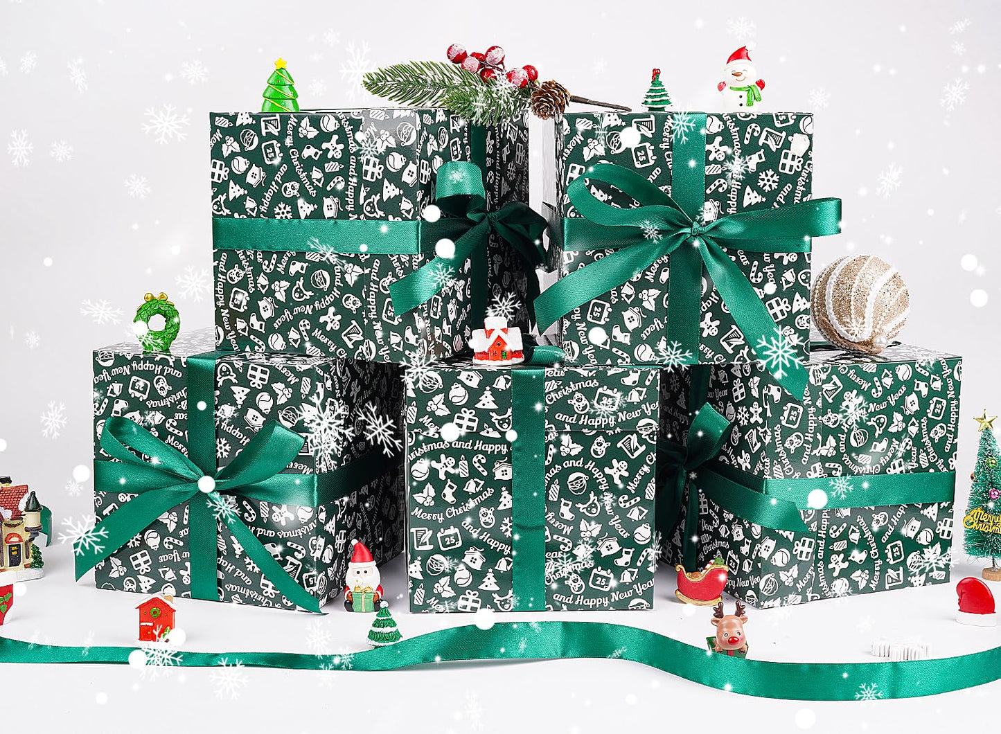Jaywayang 5 Pack Green Christmas Gift Boxes with Lids, Ribbons and Tissue Papers Square Gift Boxes - 7.1 Inch - Presents Wrapping Christmas Gift Holiday New Year Party Favor Boxes.