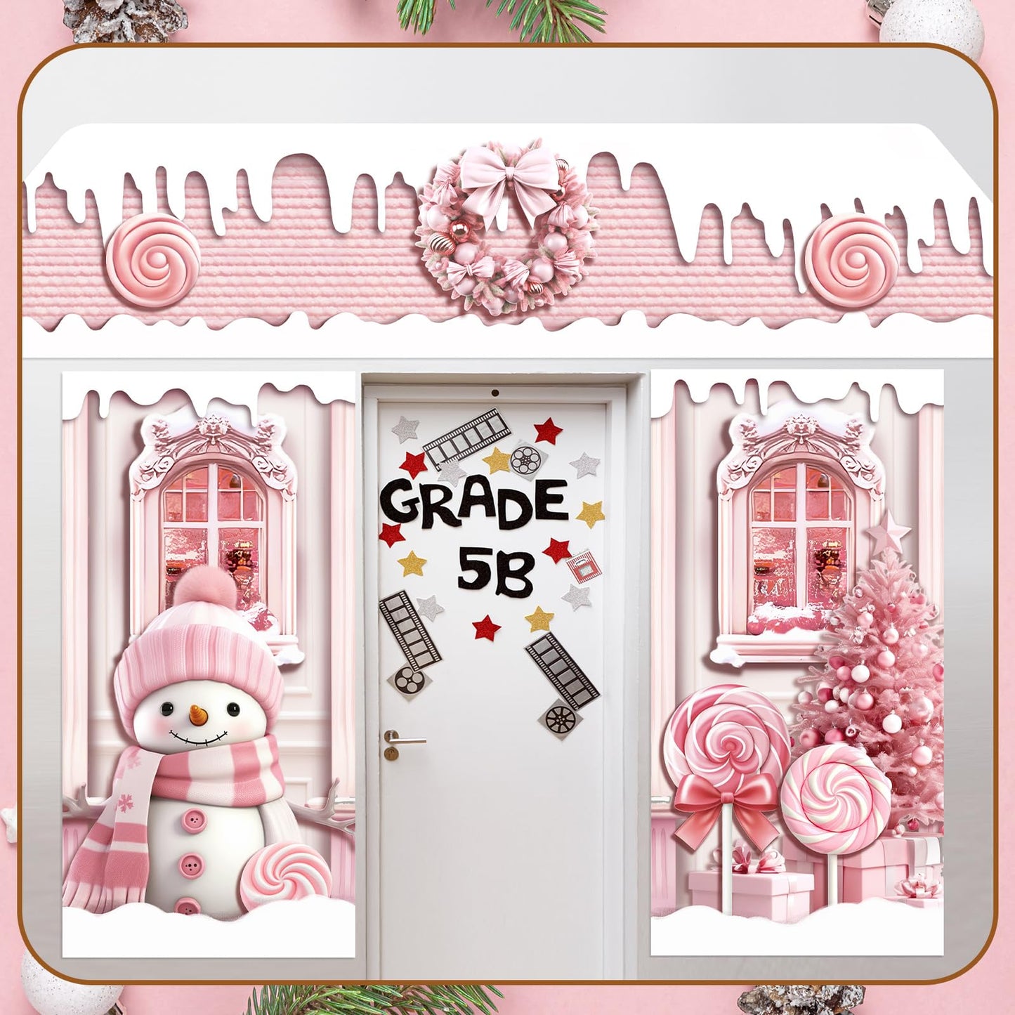 HunnmingRe 3 Pcs Christmas Gingerbread House Decorations Gingerbread Door Covers Backdrop Christmas Door Banners for Xmas Holiday Party Photography Photo Background Decor(Pink Style)