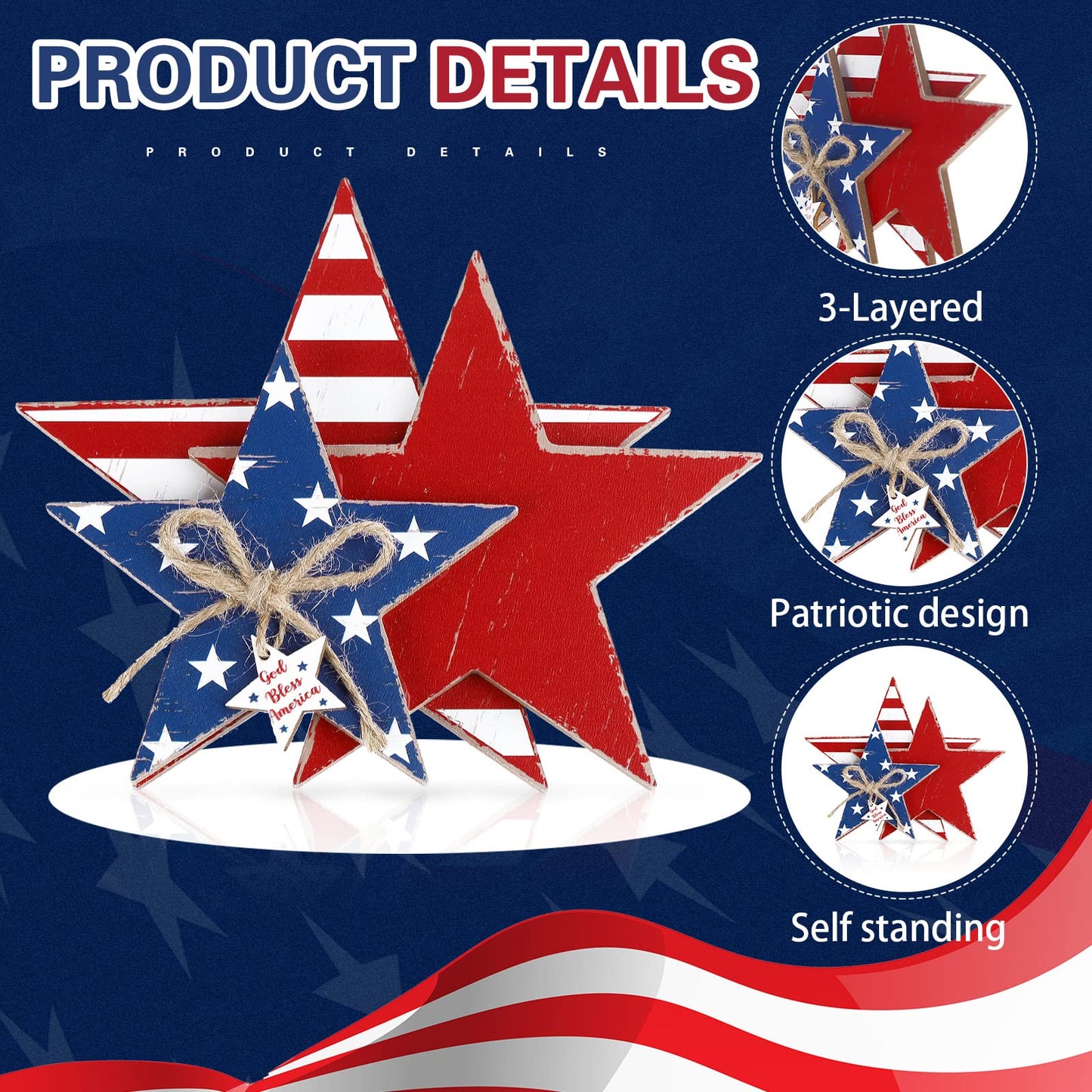 Pinkunn 2 Pcs 4th of July Wooden Star Decoration 250th Anniversary Large Faith Sign Patriotic Wooden Home Table Decor for Living Room Dining Table Centerpieces Memorial Day Decorations