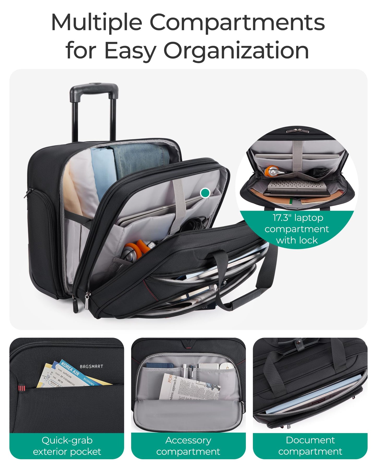BAGSMART Rolling Laptop Bag, Briefcase with Wheels Fits 17.3 Inch Laptop, Computer Overnight Rolling Bag with TSA Lock for Travel/Men/Women, Black