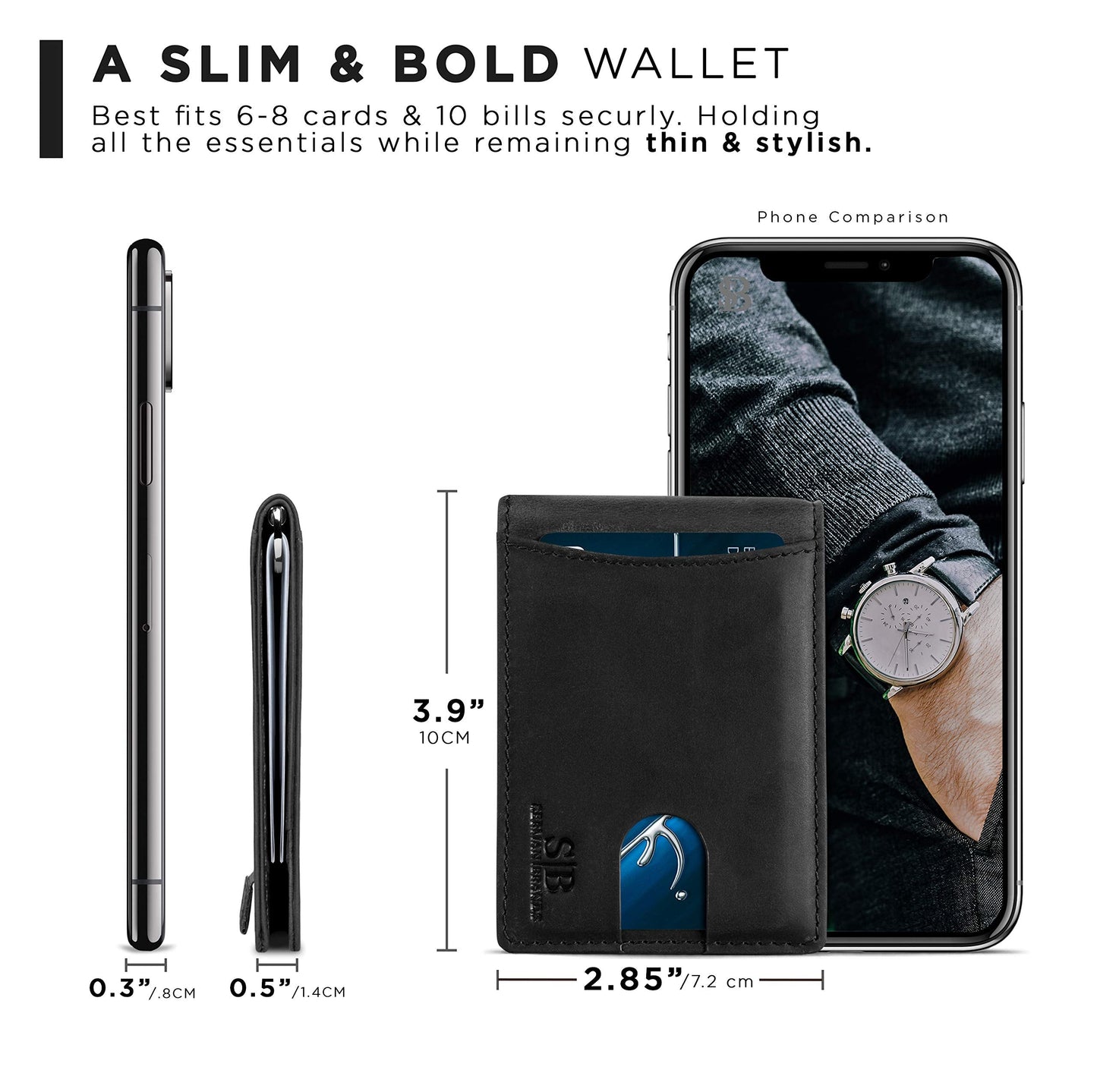SERMAN BRANDS RFID Blocking Slim Bifold Genuine Leather Minimalist Front Pocket Wallets for Men with Money Clip Thin Mens (Charcoal Black 1.0)