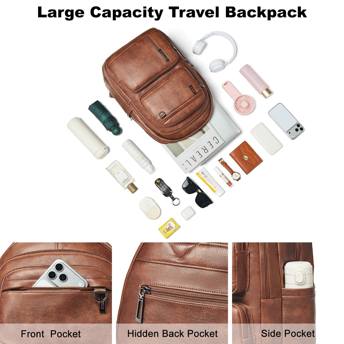 LATMAP Backpack Purse For Women Men Leather 17 16 15.6 Inch Laptop School Travel College Book Bag Work Diaper Nurse Teacher Handbag Large Brown
