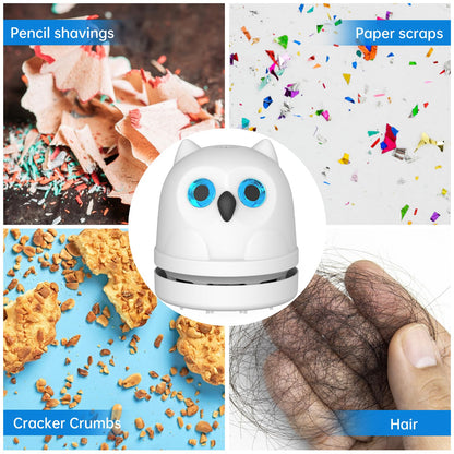 Mini Desktop Vacuum Cleaner Owl Desk Vacuum Cleaner Cute Desk Vacuum Sweeper for Cleaning Eraser Waste, Crumbs, Hair, Paper Scraps on Computer Piano Keyboard Countertop Car