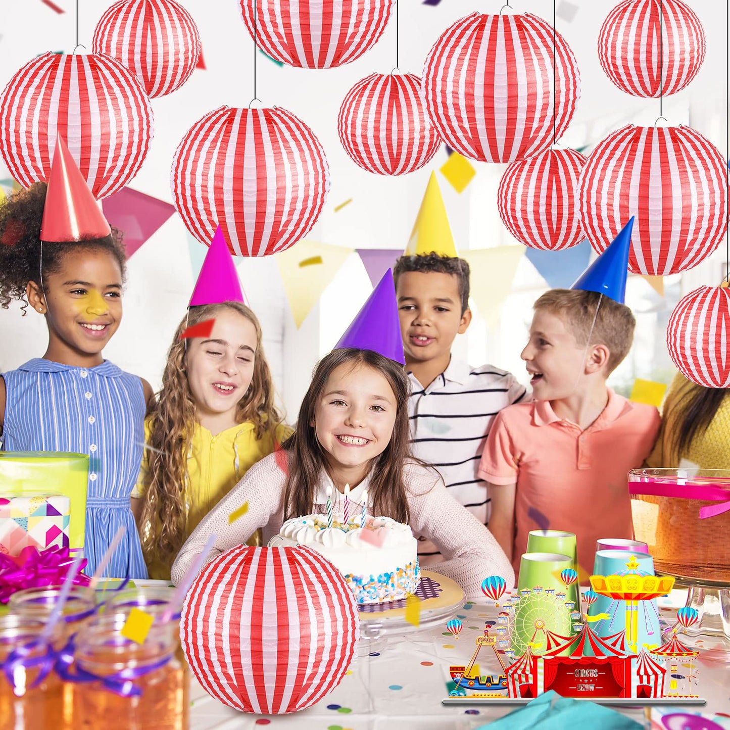 Hortsun 12 Pcs Carnival Circus Decorations Red and White Stripes Paper Lanterns Chinese Hanging Paper Lanterns for Carnival Circus Wedding Birthday Party Baby Shower Home Decoration