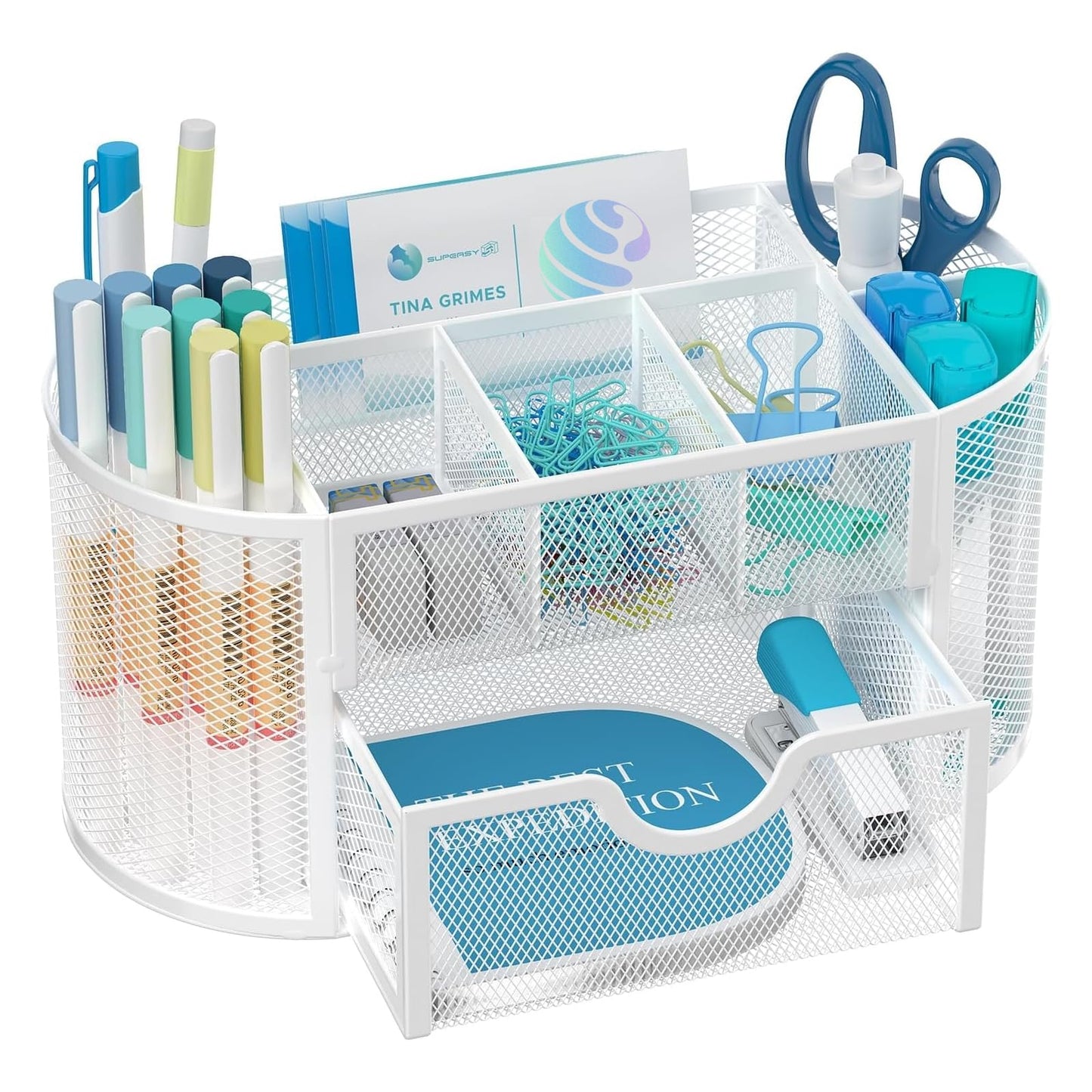 SUPEASY Mesh Desk Organizer, Desk Accessories & Workspace Organizers with Drawers, Pencil Holder for Desk with 9 Compartments for Office Suppliess, School, Classroom, 8.6 x 4.3 x 4.1 Inch, White