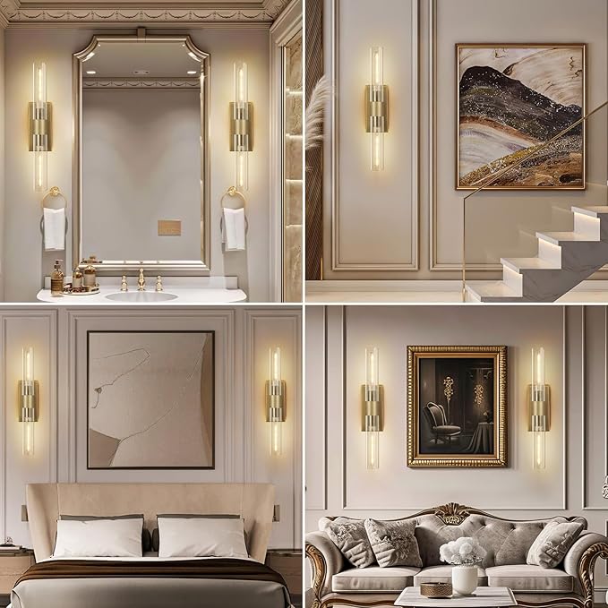 Wall Sconces Set of Two, Gold Bathroom Sconces Wall Lighting with Clear Glass, Modern Sconces Wall Decor Light Fixtures for Bathroom Mirror Living Room Hallway Bedroom