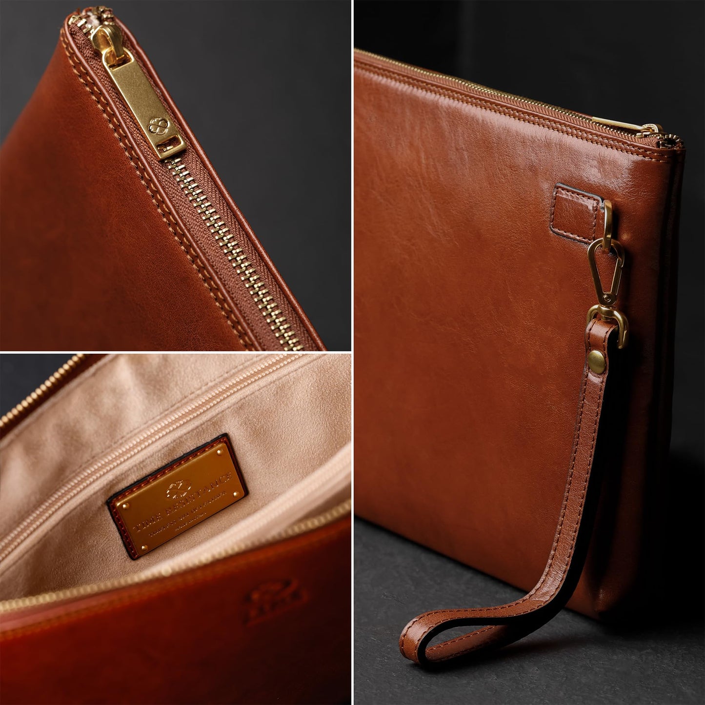 Time Resistance Leather Clutch for Men - Organizer Wrist Bag Briefcase - Handmade in Italy (Cognac Brown)
