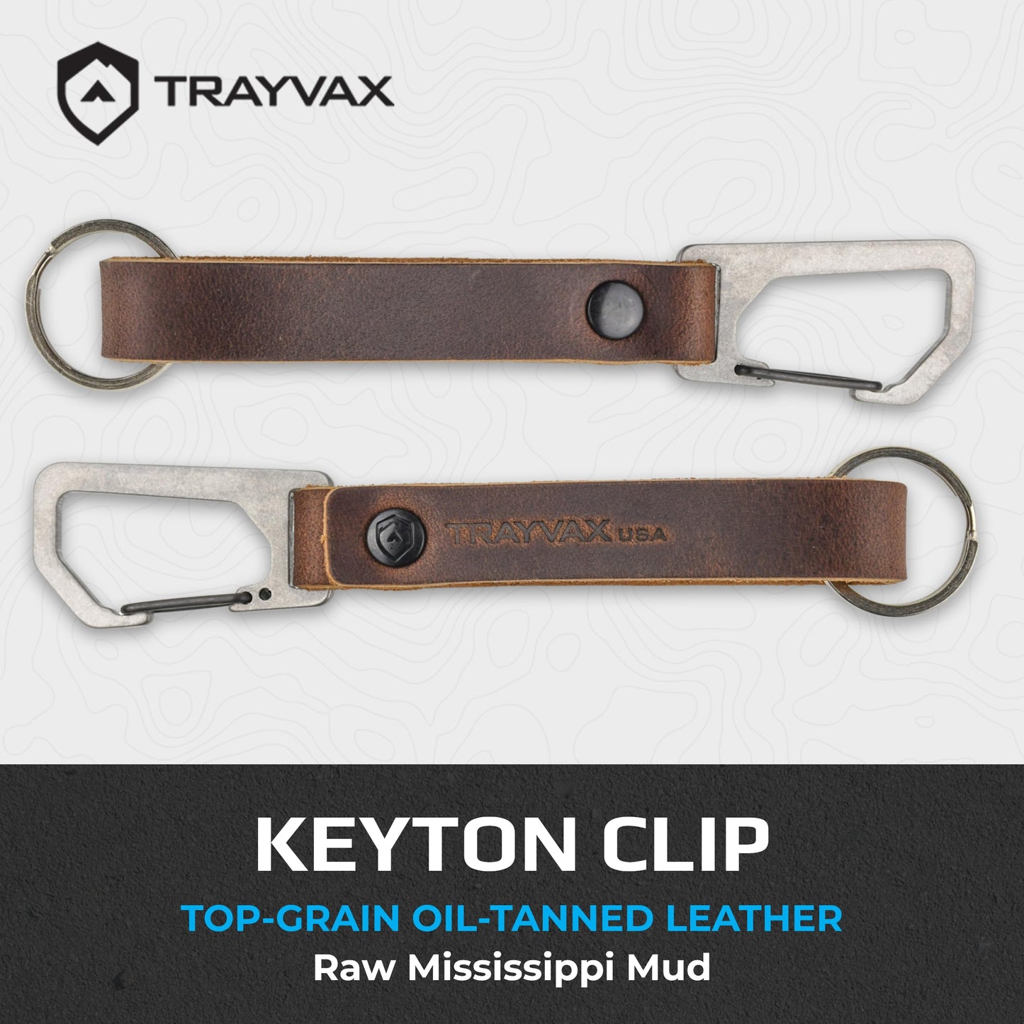 Trayvax Keyton Leather Keychain, Quick Release Carabiner Clip Key Chain for Men and Women, Stainless Steel, Raw Mississippi Mud