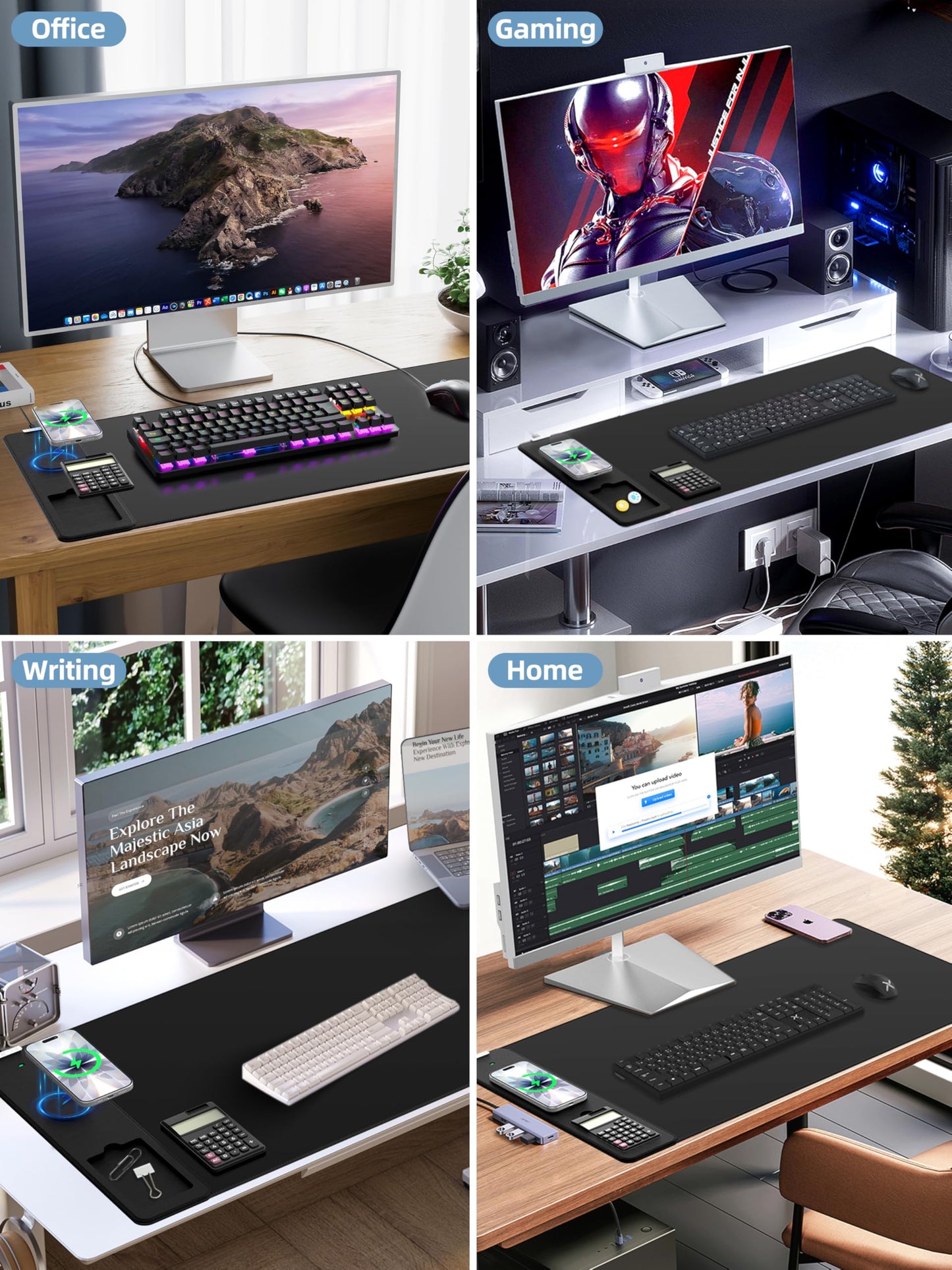 Mouse Pad 31.5x15.75 Inch with Calculator, 15W Magnetic Wireless Charging Desk Mat, XXL Desk Pad, Home Office Large Keyboard Pad with Ultra-Smooth Surface, Non-Slip Base (Black with 20W PD Charger)