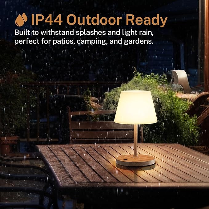 Battery Operated Table Lamp & Power Bank - 5000mAh Rechargeable Battery Powered, Touch Dimmable, 3 Color Temperatures, IP44 Waterproof Lamp Light for Home, Patio Outdoor Use - 9.6 In Modern Wood Grain