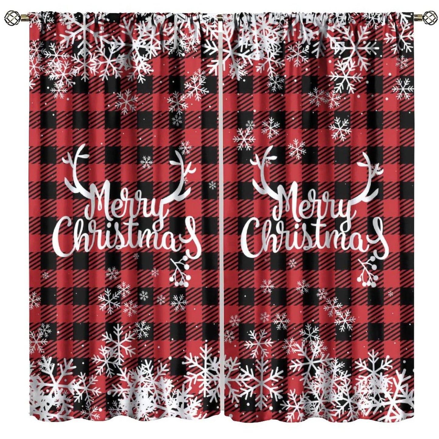 Christmas Curtains, Snowflake Decoration Printed Tartan Fabric, Bedroom Living Room Kitchen Dining Room Decor Curtains Window Treatment 2 Panels Set Total Size 42" W X 45" L Inch