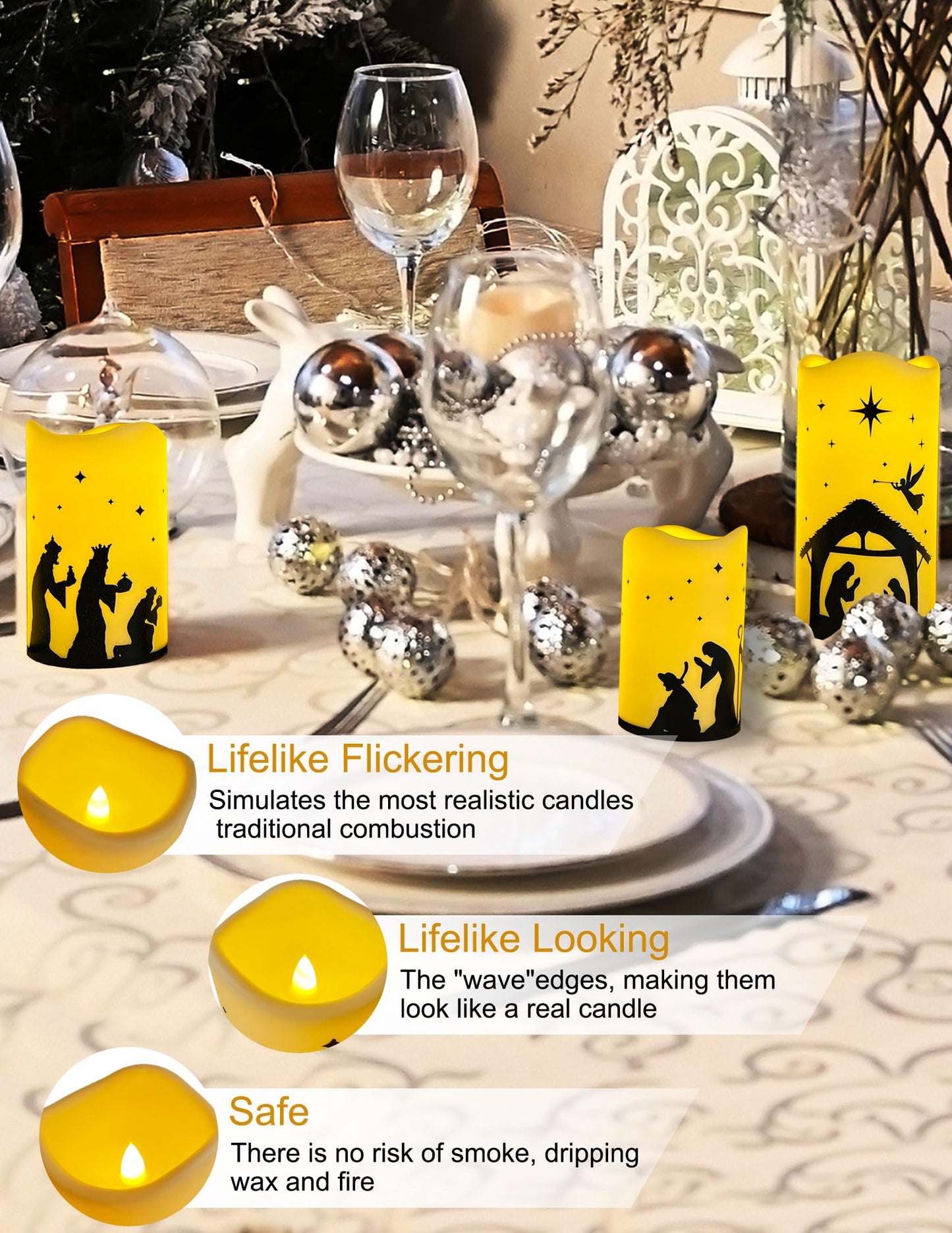 QVAIVE Flameless Christmas Nativity Scene Candles, Pillar Flickering Religion Candle with Timer Remote,Battery Operated LED Fake Candle for Xmas Home Holiday Decor Set of 5