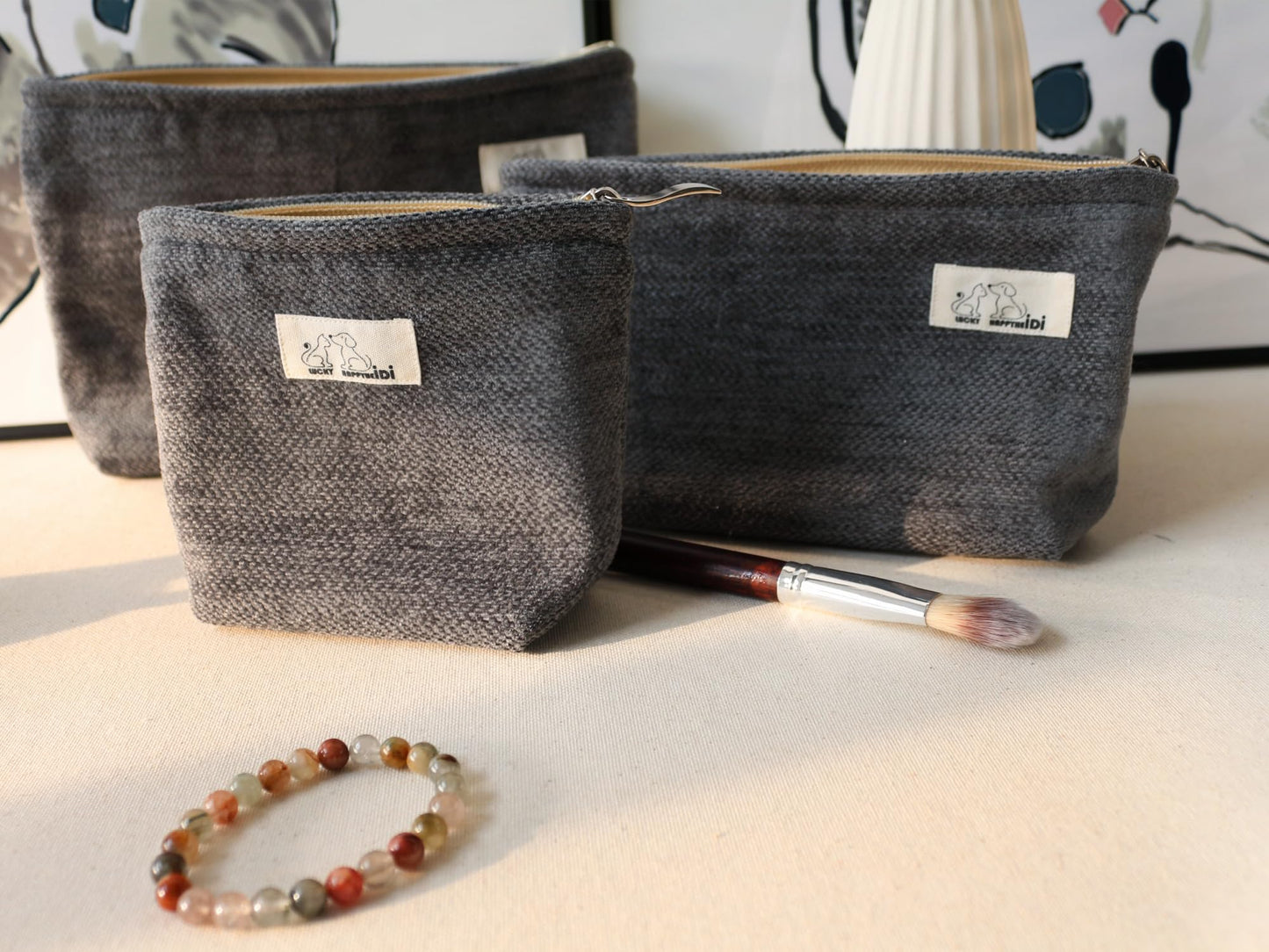 HAPPYHEIDI Gray Velvet Corduroy Makeup Bag Set 3 with Compartment Women Girls Cosmetic Toiletry Pouch,Travel Accessory Organizer, 3-Size, Canvas Lined