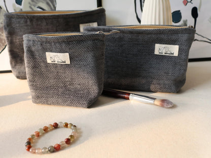 HAPPYHEIDI Gray Velvet Corduroy Makeup Bag Set 3 with Compartment Women Girls Cosmetic Toiletry Pouch,Travel Accessory Organizer, 3-Size, Canvas Lined