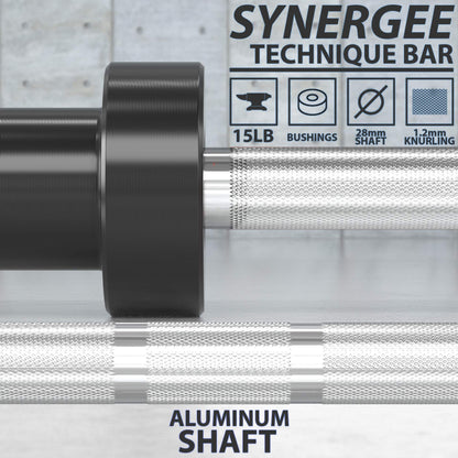 Synergee 15lb Technique Barbell Silver Aluminum Bar for Form & Technique Training for Power & Olympic Lifting.