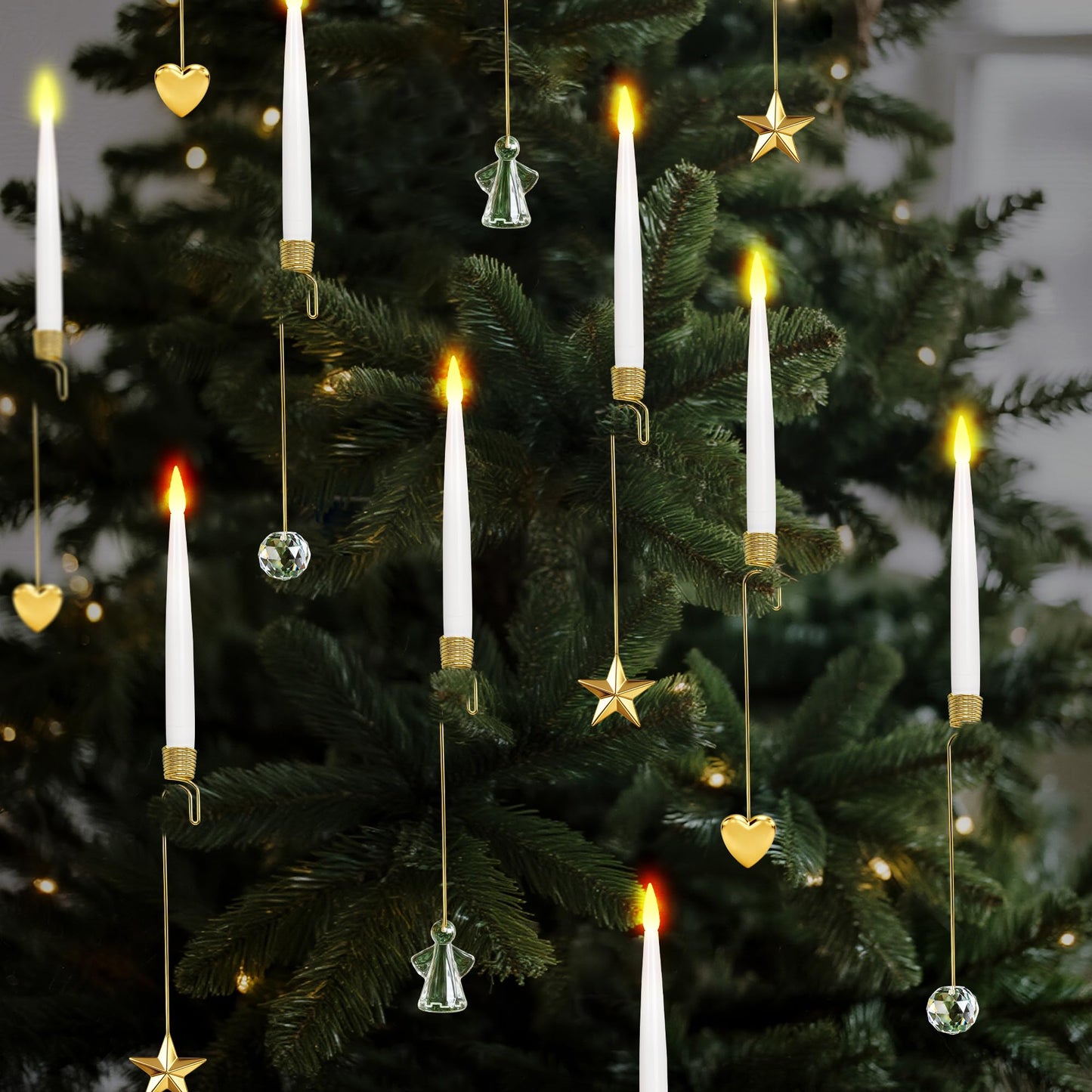 LUSHARBOR Christmas Tree Candles, 10 Pack Flameless Taper Candles for Christmas Tree Decor, Fake LED Candle Battery Operated with Remote for Xmas Wedding Home Gift with Gold Heart Hook