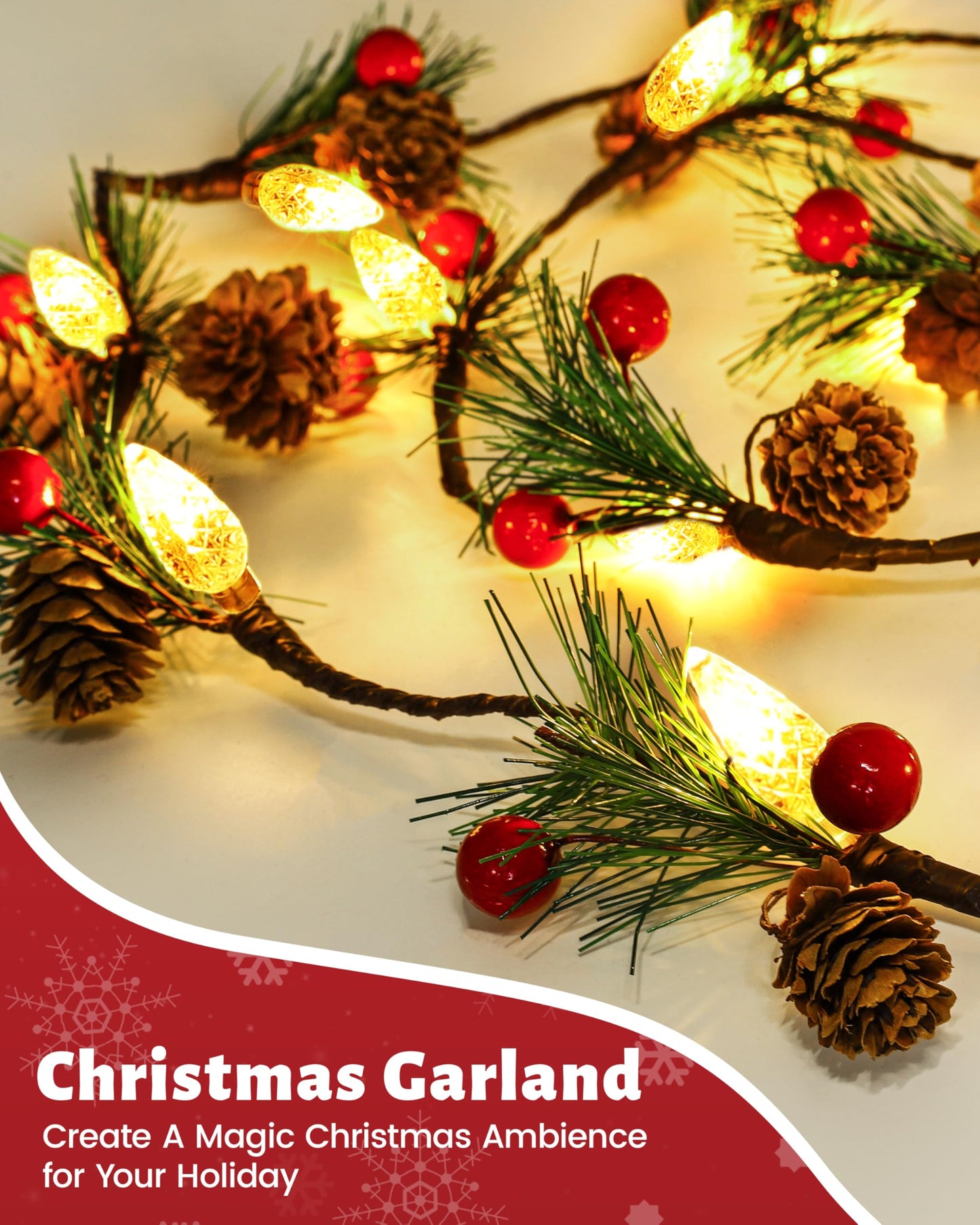 Christmas Garland with Lights,7FT Pinecones Christmas String Lights with Red Berries,Needles,20Led C6 Christmas Lights Battery Operated Prelit Garland for Xmas Decorations Indoor Outdoor