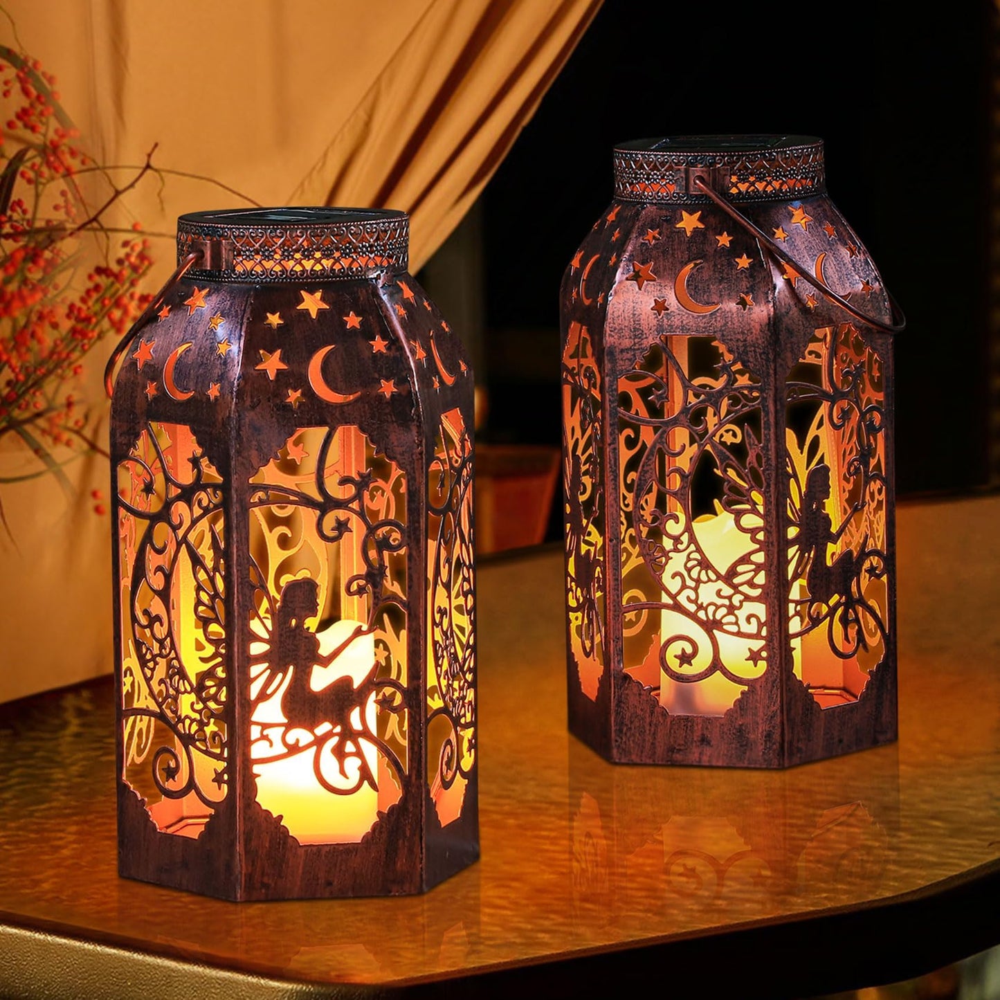 Singingarden Solar Lanterns Outdoor Garden Hanging Lantern Waterproof LED Metal Bronze Moon Fairy Lantern Waterproof Flickering Flameless Candle Mission Lights for Table,Patio,Mother's Day Gift(2Pack)