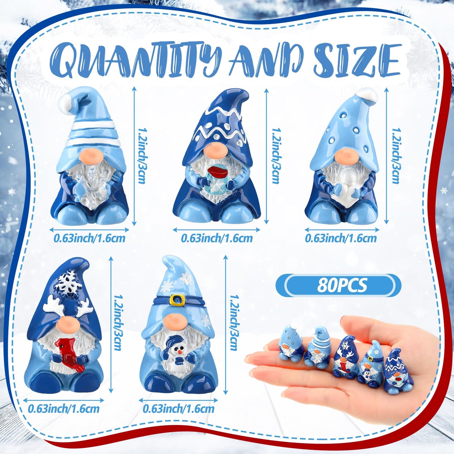 Quzzil 80 Pcs Winter Mini Gnomes Figurines Winter Snowflake Miniature Figurines Tiny Resin Statues Snowman Table Centerpieces for Patio Garden Ornament to Hide Party Favors