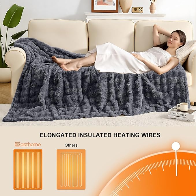 Heated Blanket Electric Throw Blanket 72''X 84''-Heating Blanket with 6 Heat Settings-10 Hours Auto Off,Cozy Faux Rabbit Fur Bubble Electric Blanket,Dark Gray