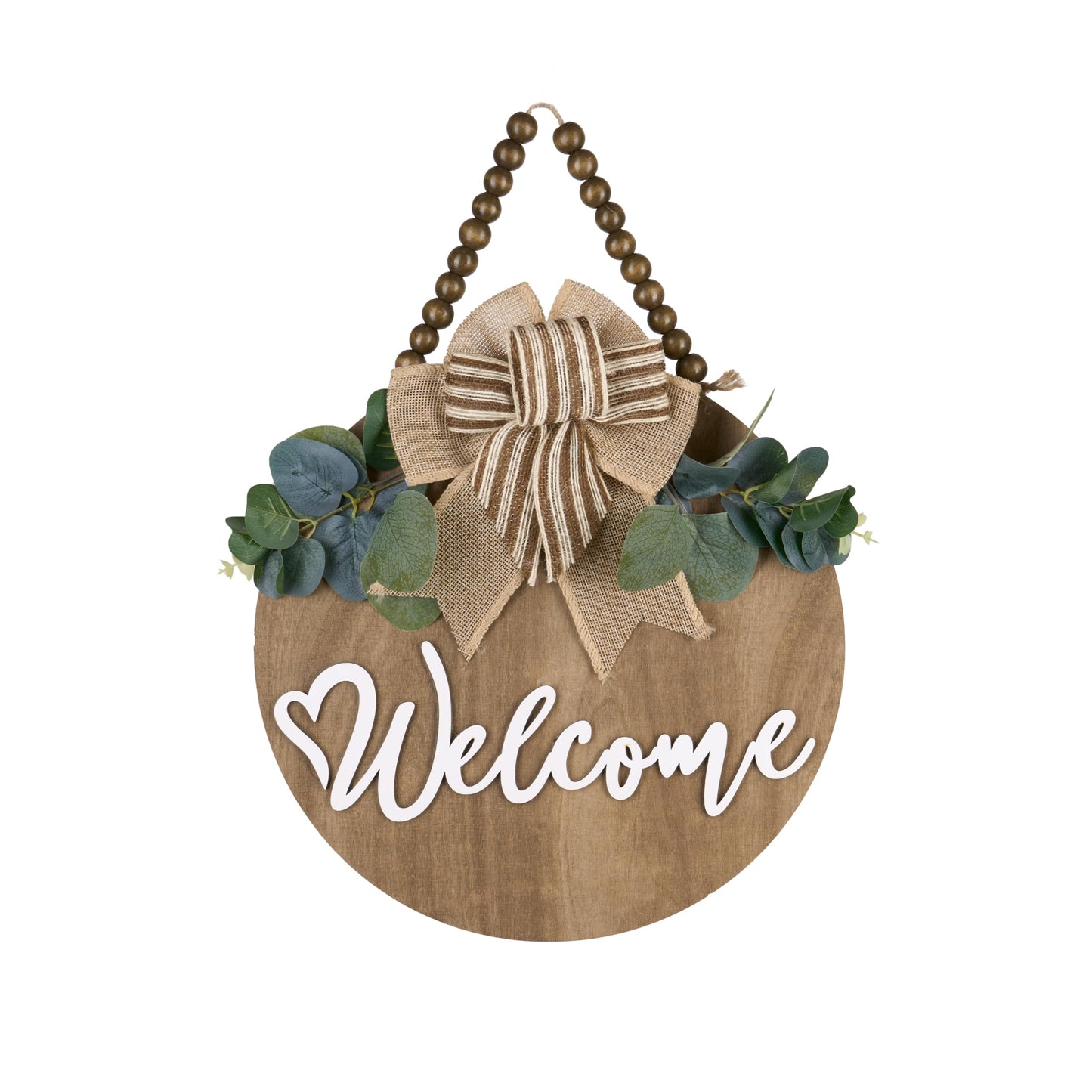 CondorPasea 12 Inch 3D Welcome Sign for Front Door, Round Wooden Welcome Door Sign with Artificial Greenery, Buffalo Plaid Bow & Rustic Beads, Farmhouse Porch Home Decor Gift