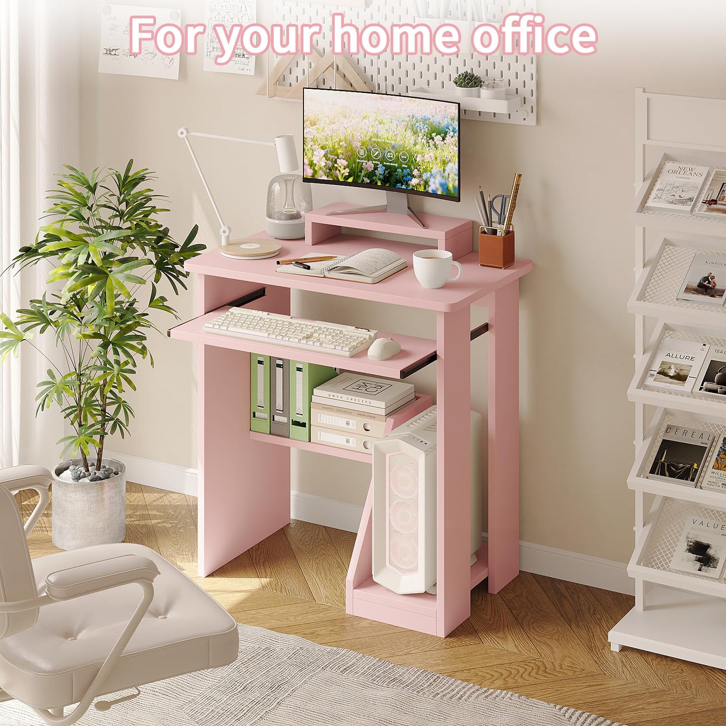 ALISENED 30" Small Computer Desk with Keyboard Tray Monitor Stand, Study Writing Desk with Storage Shelves, Modern Workstation for Small Spaces, Save Space, Pink