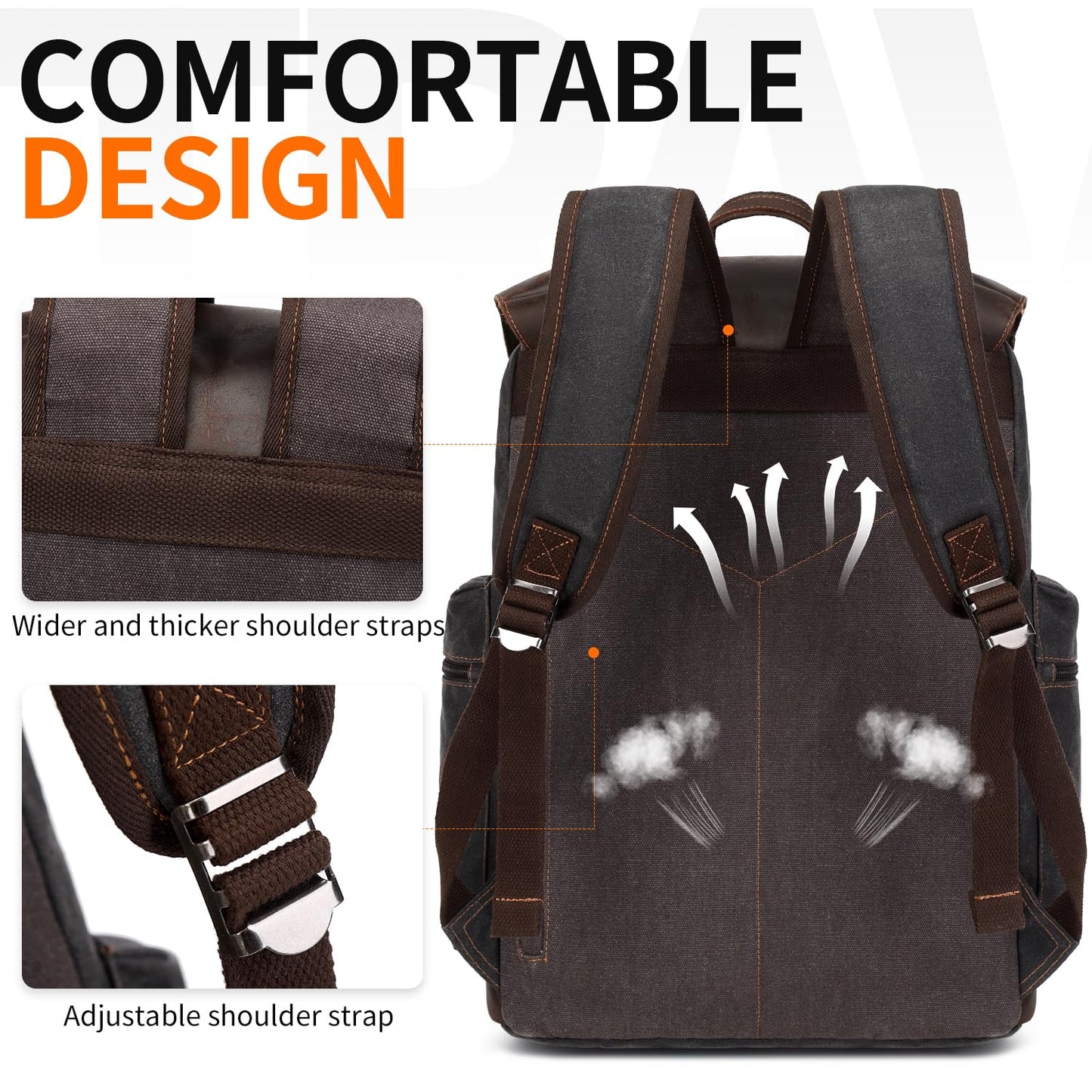 Nerlion Leather Backpack for Men Waxed Canvas Laptop Backpack 17.3 Inch Rucksack Vintage Travel Backpack (Black)