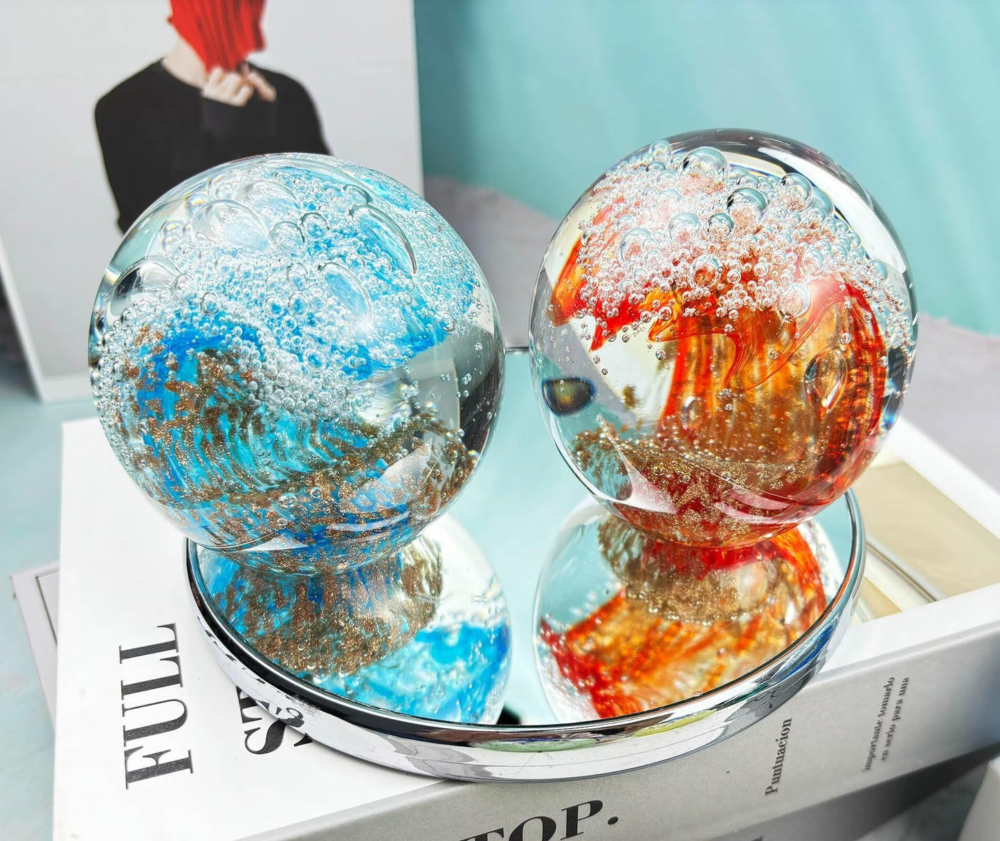 FZBHRO Decorative Crystal Ball Figurines Ocean Waves Paperweight Blown Glass Decor Sea Art Ocean Lovers Gift Blue Amber 3.15"