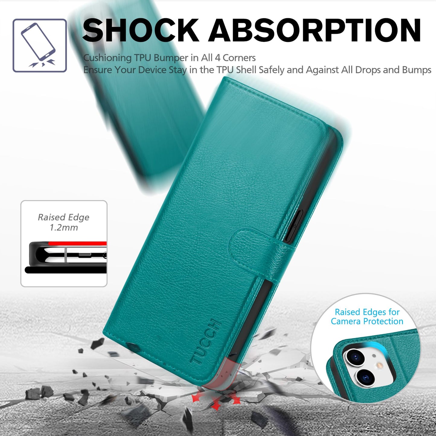 TUCCH Case for iPhone 12, Shockproof Wallet Case [RFID Blocking ] Card Holder, Synthetic Leather Cover Stand Full Protection Compatible with iPhone 12/12 Pro (6.1 Inch, 2020) – Cyan